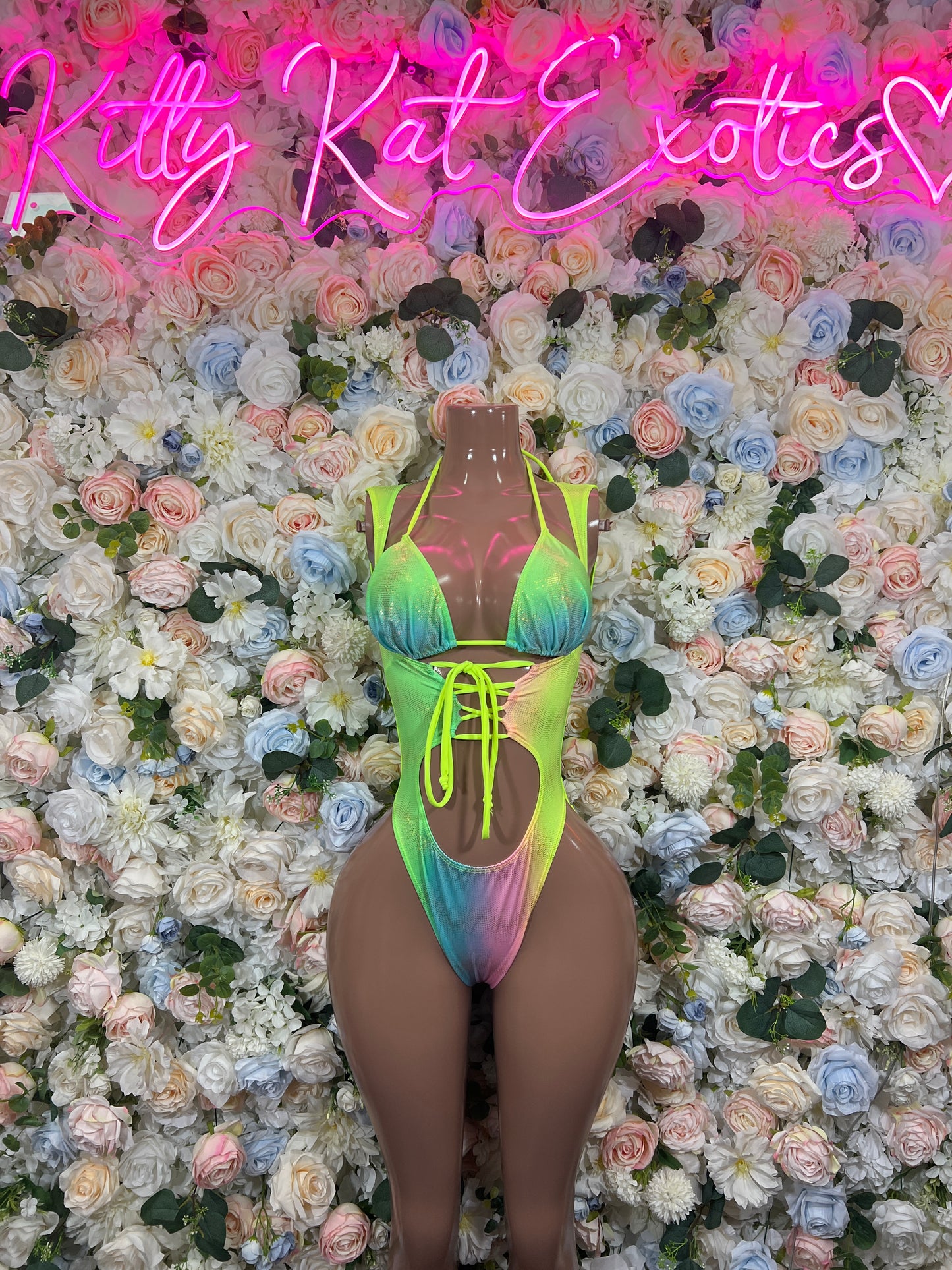 Neon holographic lace-up bodysuit with V neckline and crisscross front ties
