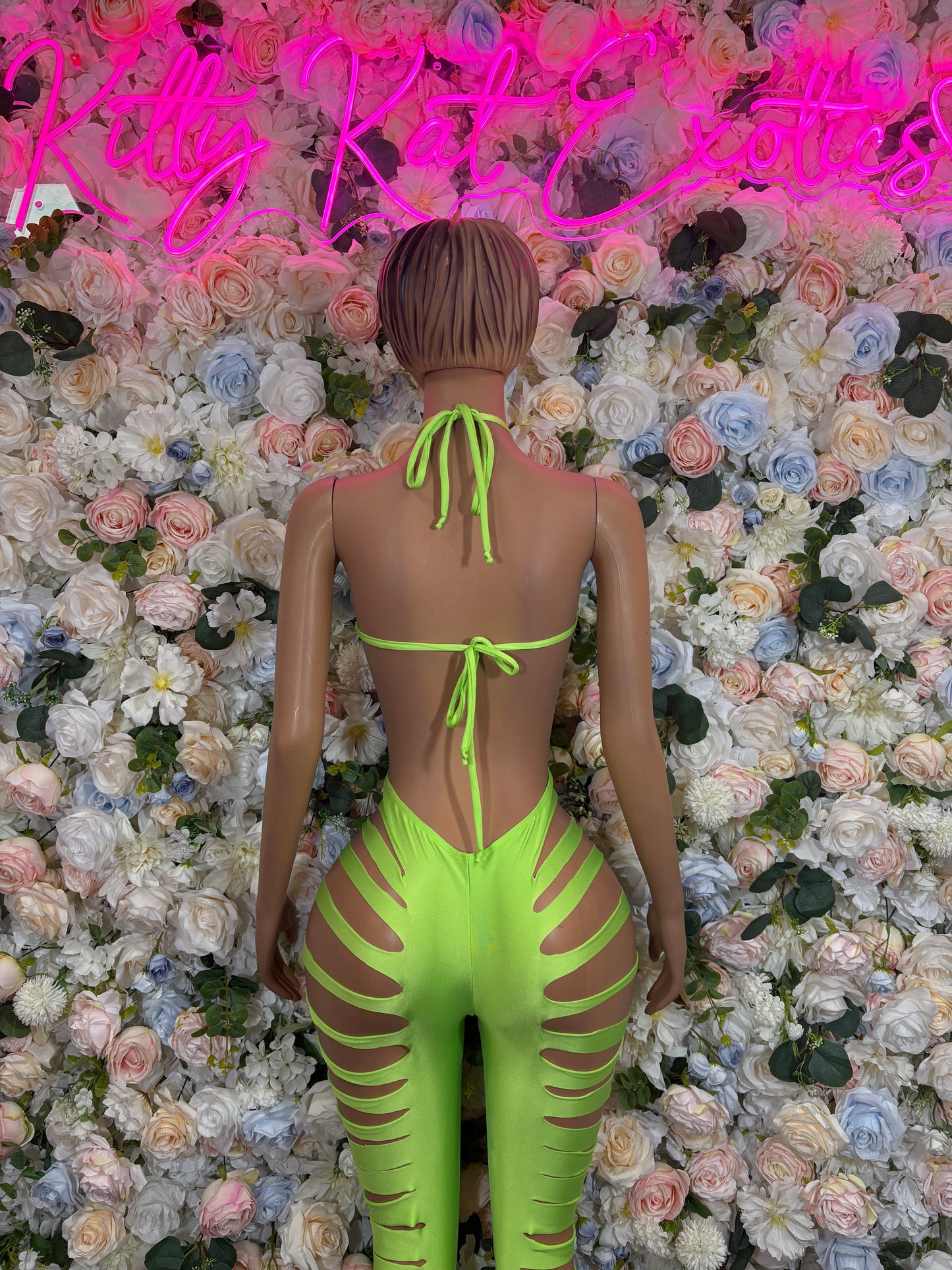 Neon green backless cut-out bodysuit with neon string tie straps