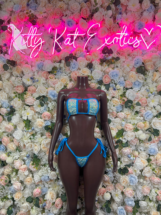 Festival Bikini Aqua Cheetah Two Piece Outfit, Bartender Uniform, Rave Festival Wear, Exotic Dancewear, Clubwear Costume, Waitress Set