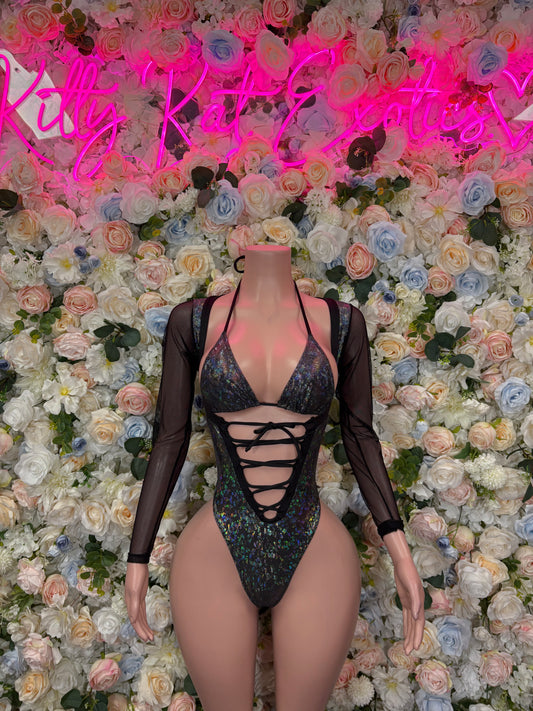 Bottlegirl Outfit Black Metallic Bodysuit - One Piece Bartender Outfit, EDM Dancewear, Party Clubwear