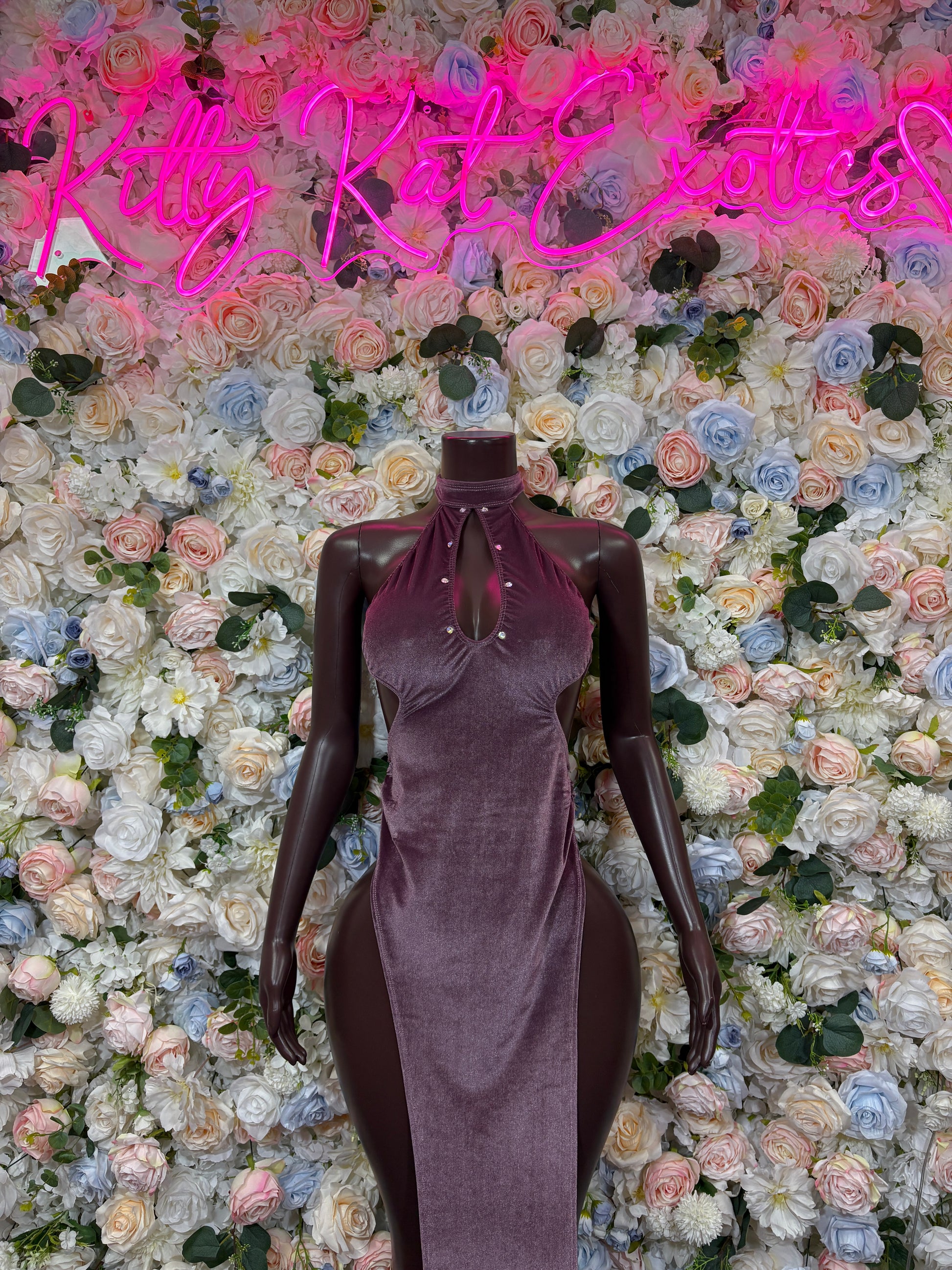 Mauve velvet halter gown with gathered neckline and fitted sheath silhouette