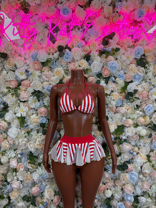Bottlegirl Christmas Candy Cane Two Piece Skirt Set Santa Baby  Girl Outfit Bartender Dancewear Festival Stripes Leotard