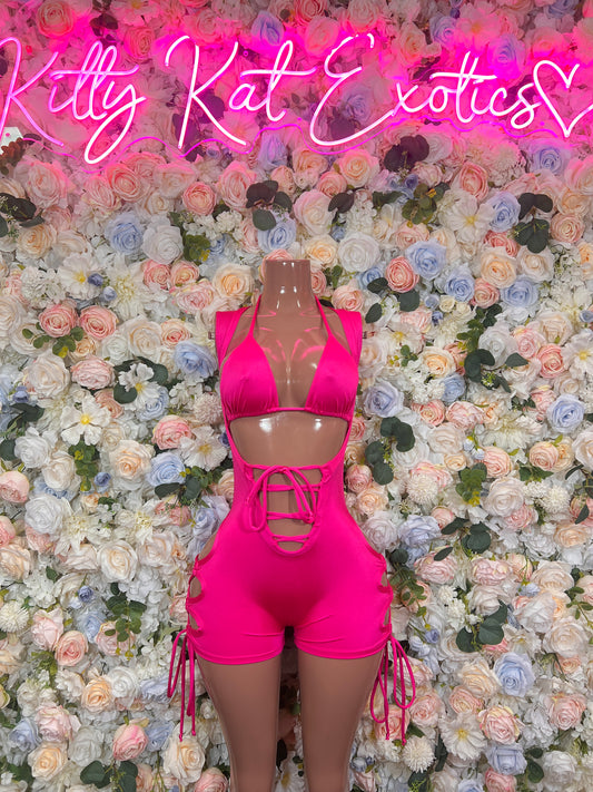 Pink cutout lace-up one-piece with deep V front and drawstring ties