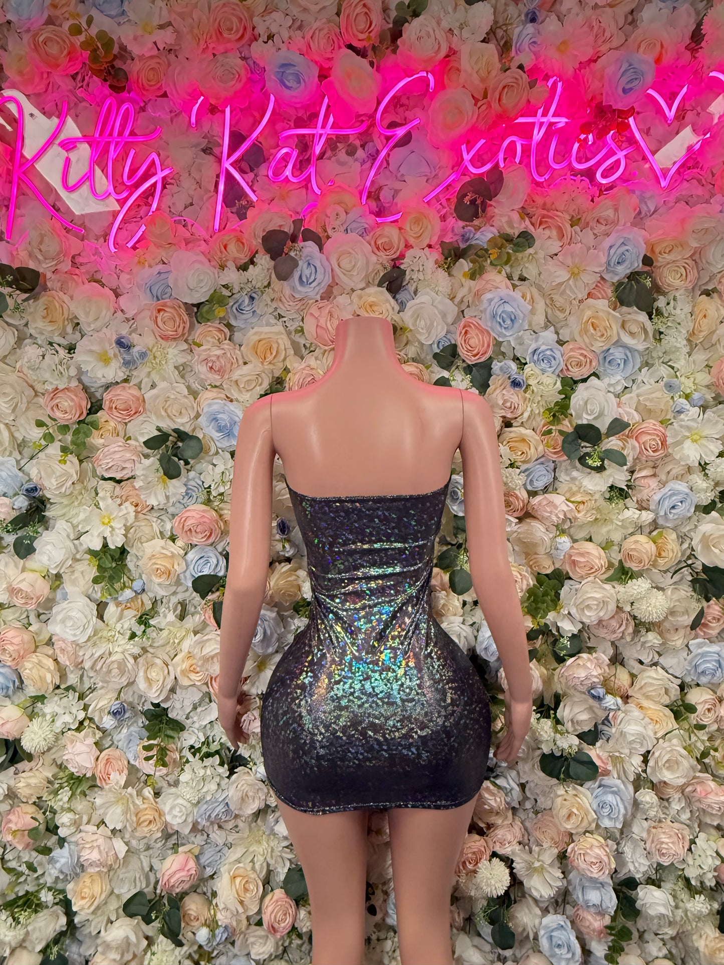 Strapless metallic hologram mini dress, dark sequin back view