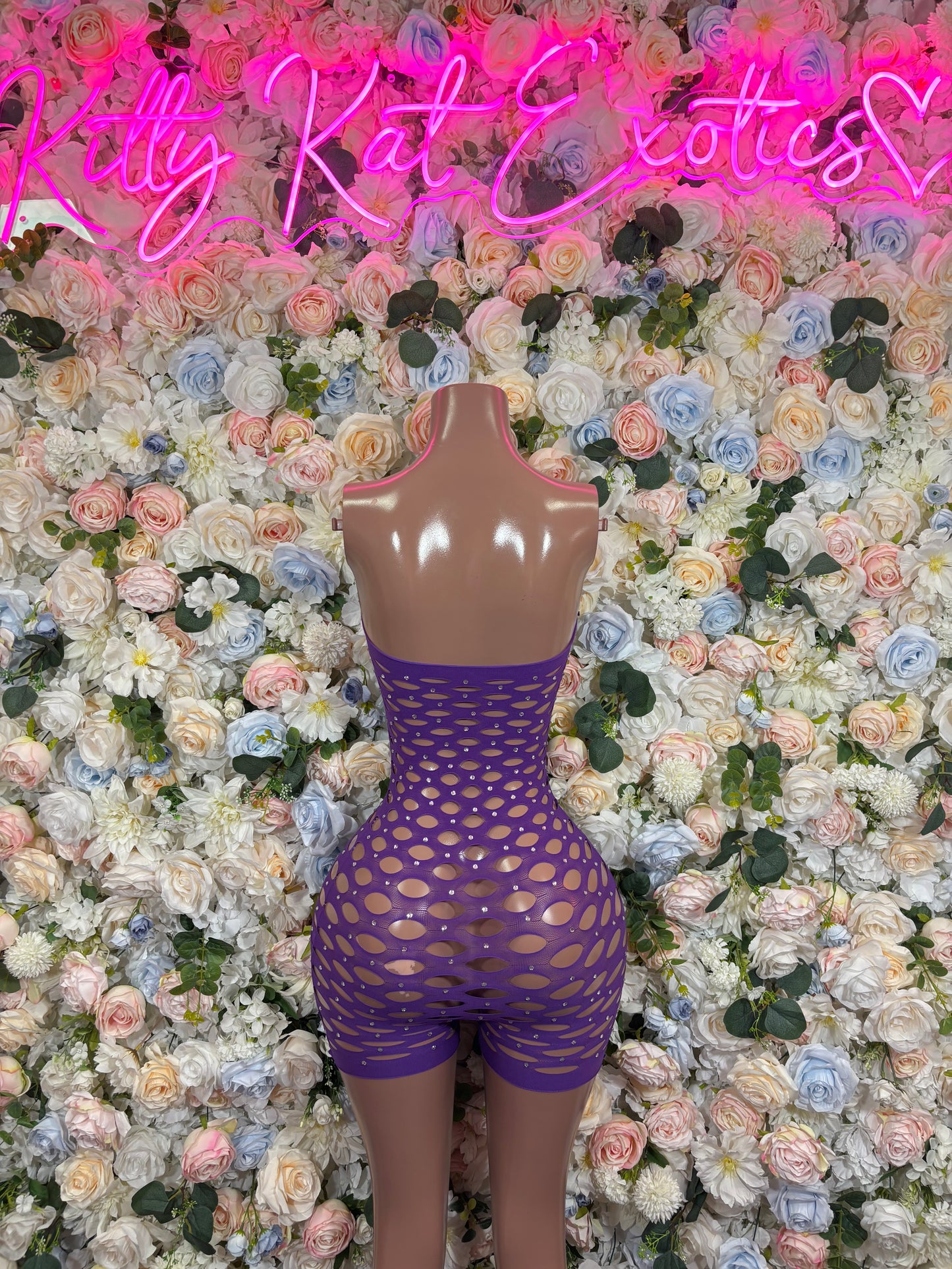 Purple Rhinestone Fishnet Bodysuit, Sheer Mesh One Piece, Sparkly Rave Festival Outfit Clubwear