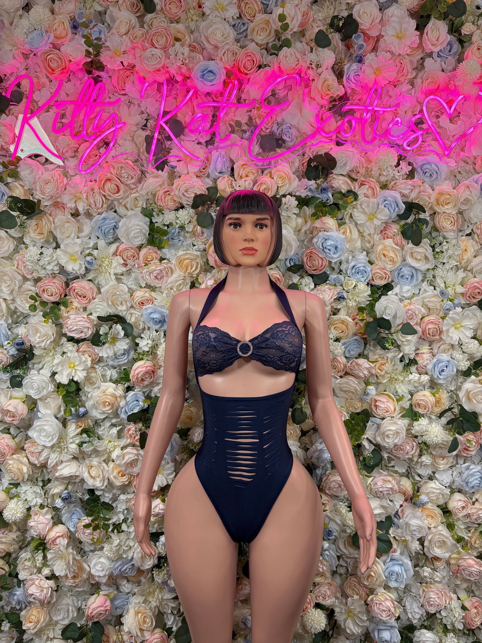 Navy lace halter bodysuit with ring detail and ribbed cutout front