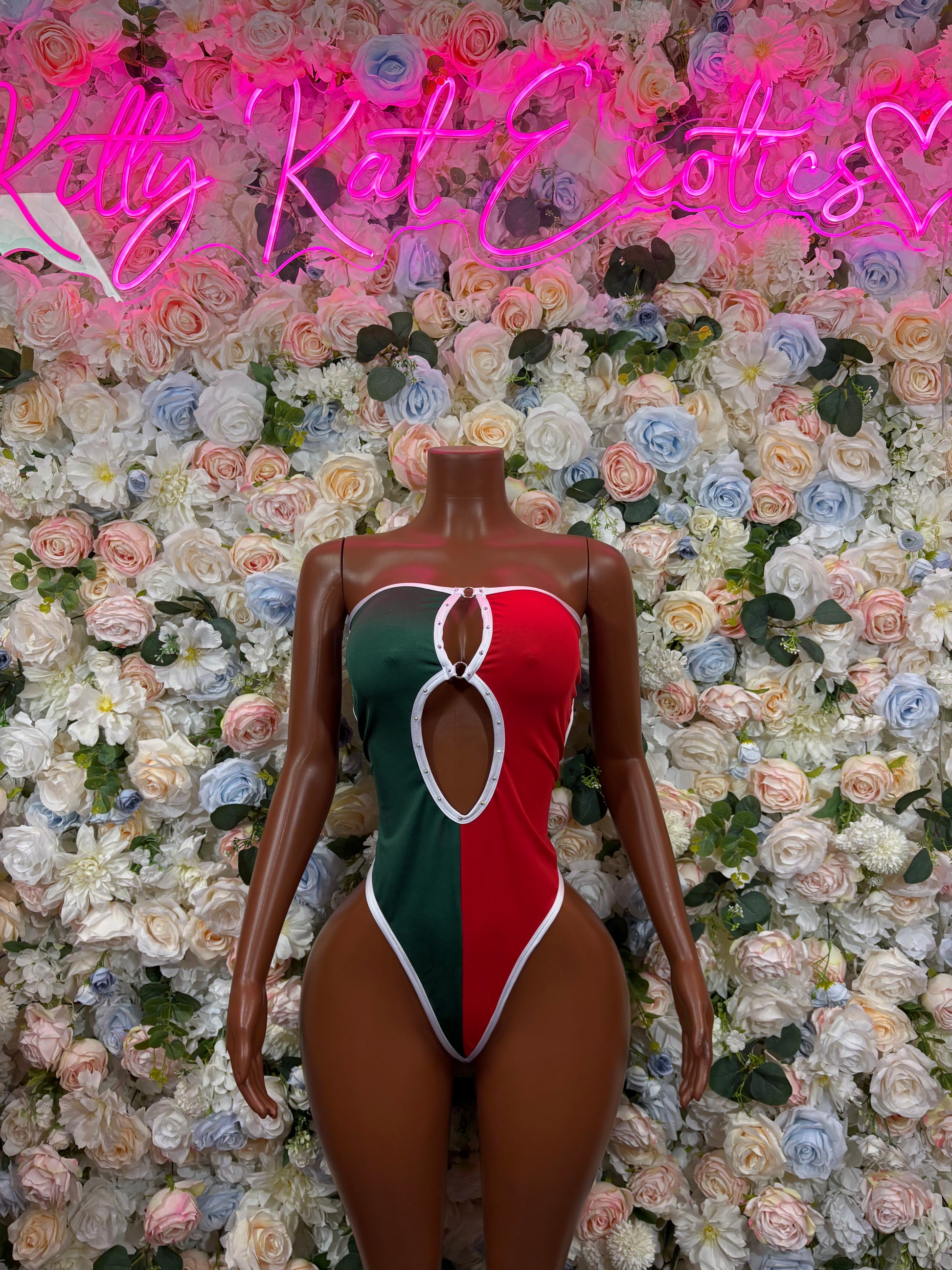 Women’s Mexican flag bodysuit, red/green/white one-piece with open tie-back