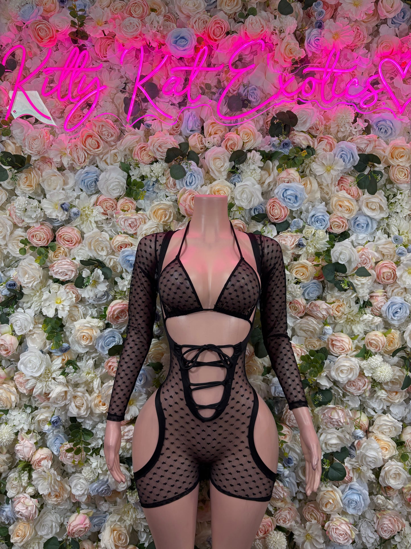 Black mesh heart bodysuit, long sleeves, lace-up front with cutout
