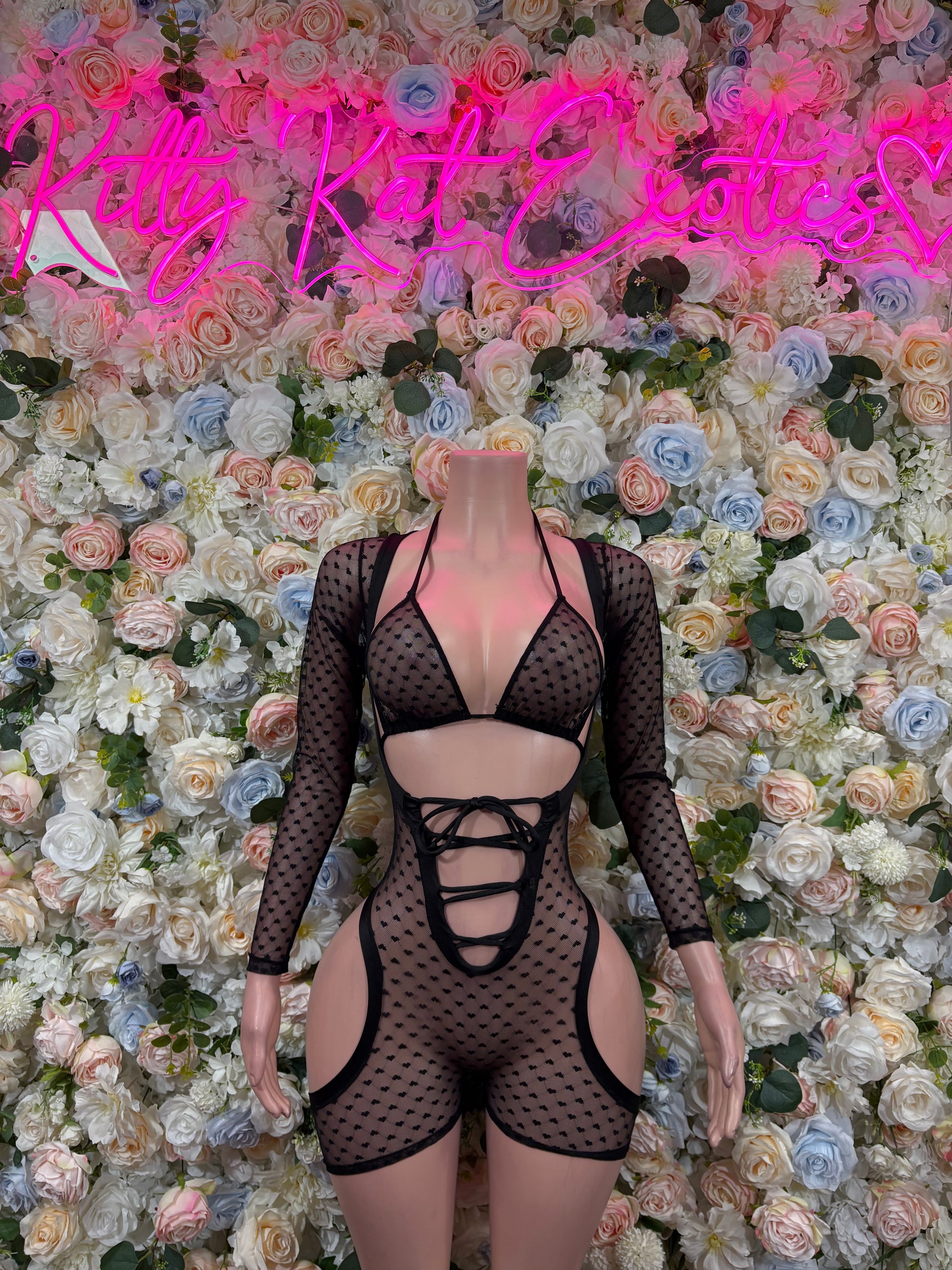 Black mesh heart bodysuit, long sleeves, lace-up front with cutout