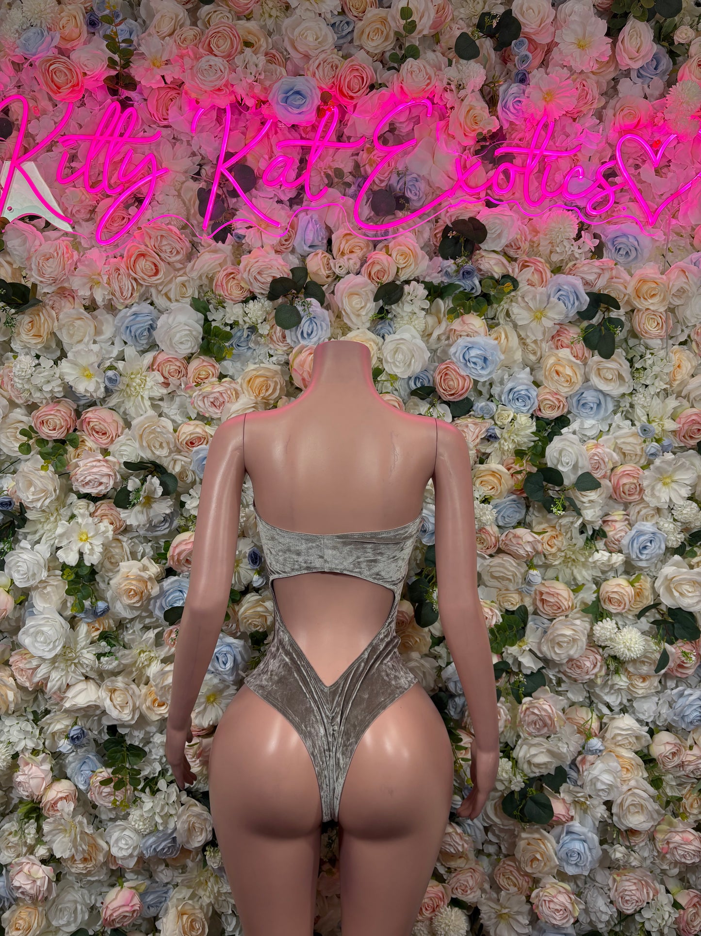 Sparkly silver-gray velvet bodysuit with back V-cut and high straps.