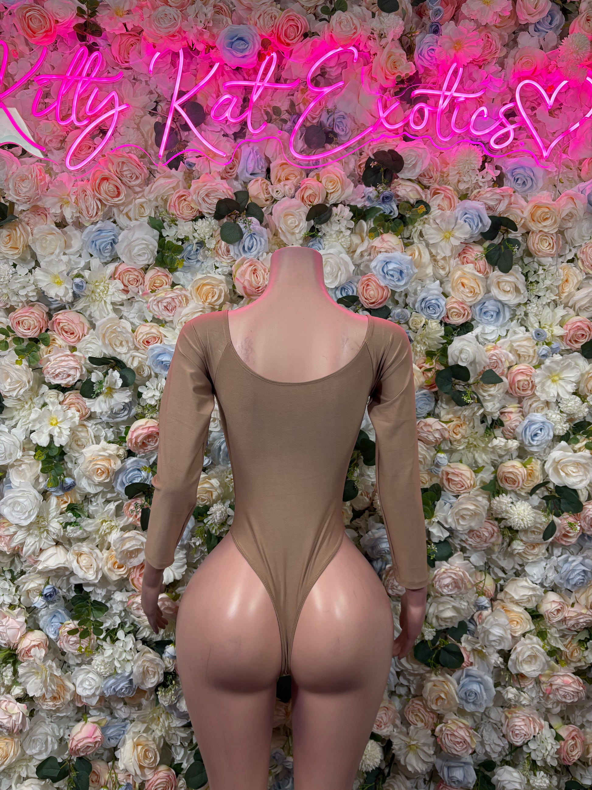Taupe long-sleeve bodysuit, open scooped back and low leg cut