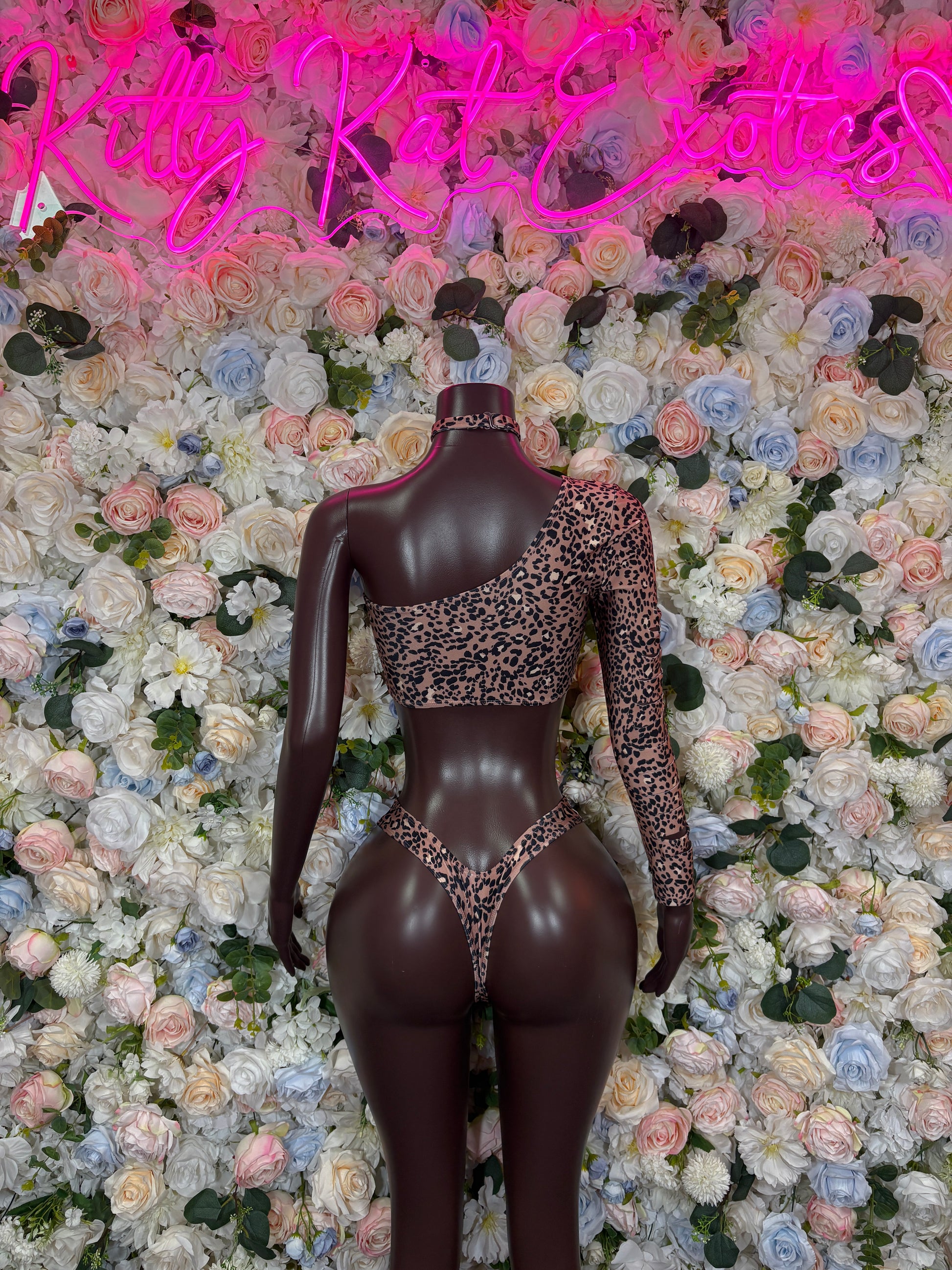 Leopard print two-piece dancewear set on mannequin, long-sleeve crop top and high-cut bottoms