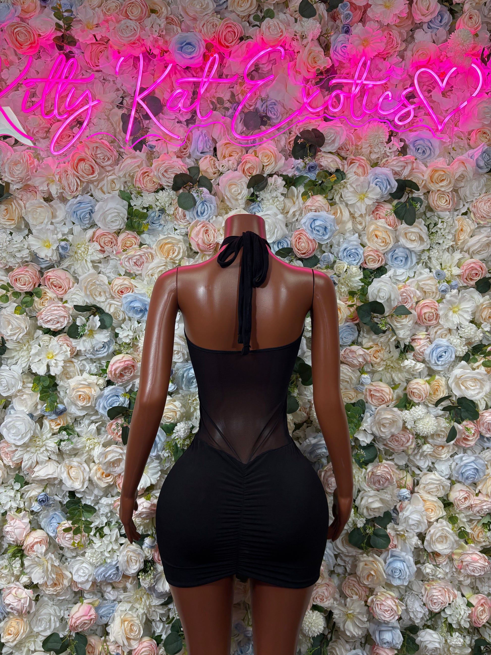 Black backless mini dress bodysuit with open back and sheer straps