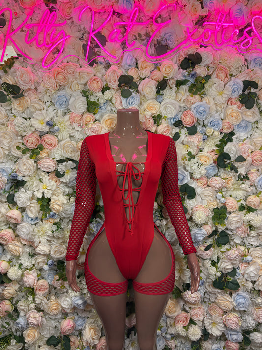 Red lace-up front bodysuit with mesh long sleeves and high-cut garter-style bottoms