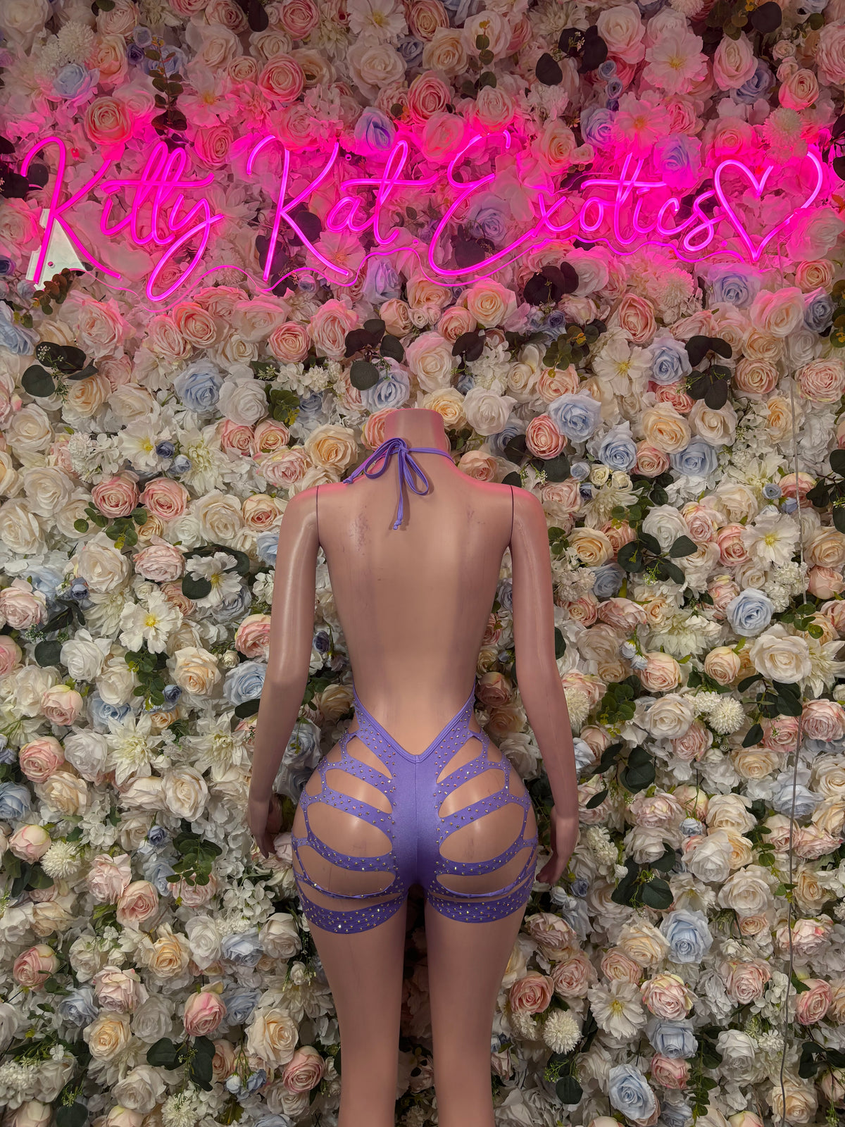Purple Rhinestone Strappy Cutout Romper Exotic Dancewear Rave Outfit