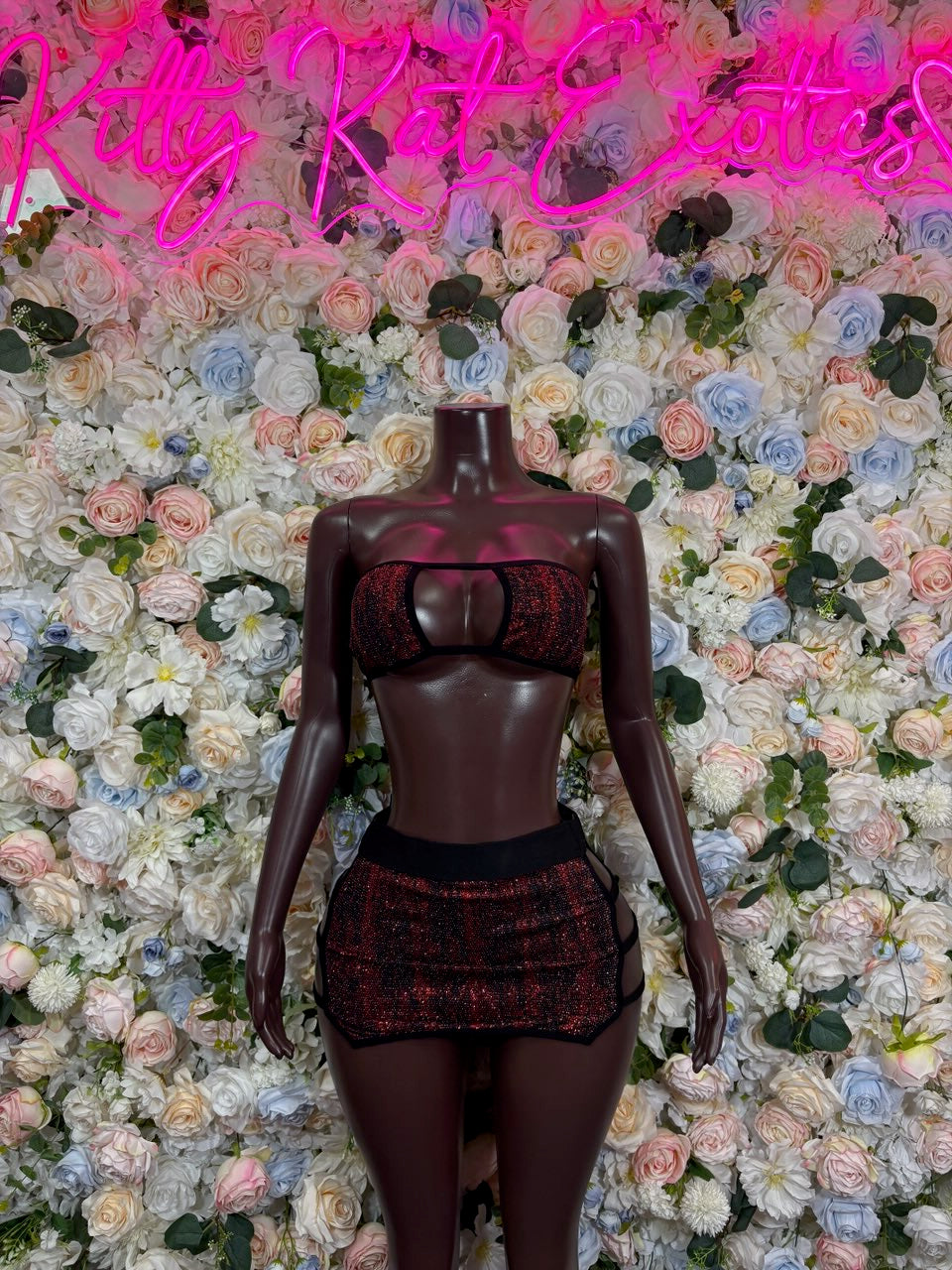 Burgundy metallic halter crop top and mini skirt set, front view on mannequin