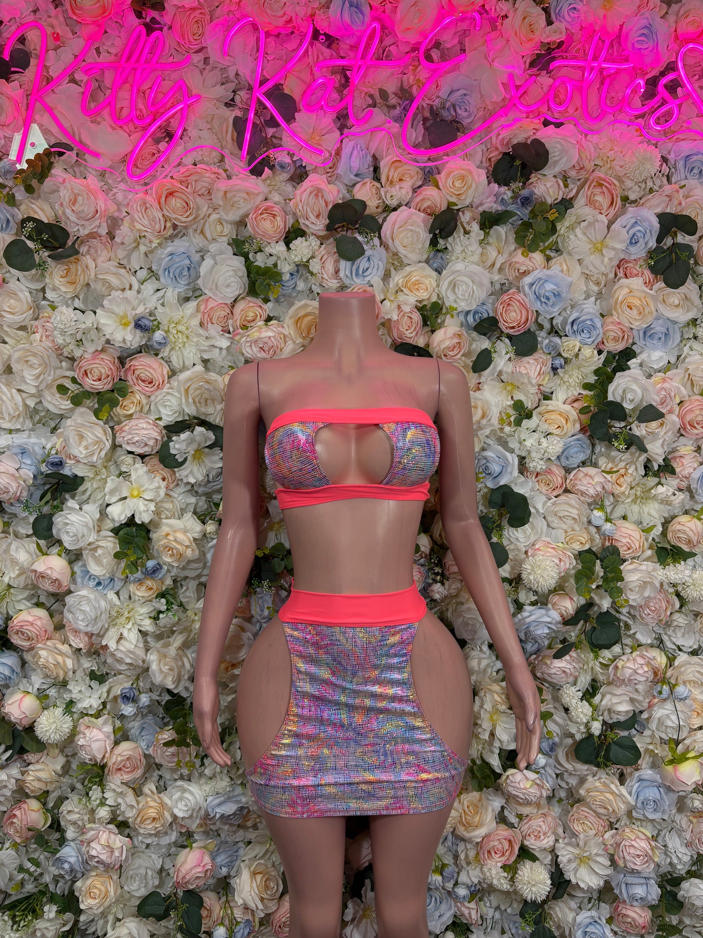 Rainbow holographic bandeau crop top and mini skirt set with front cutout