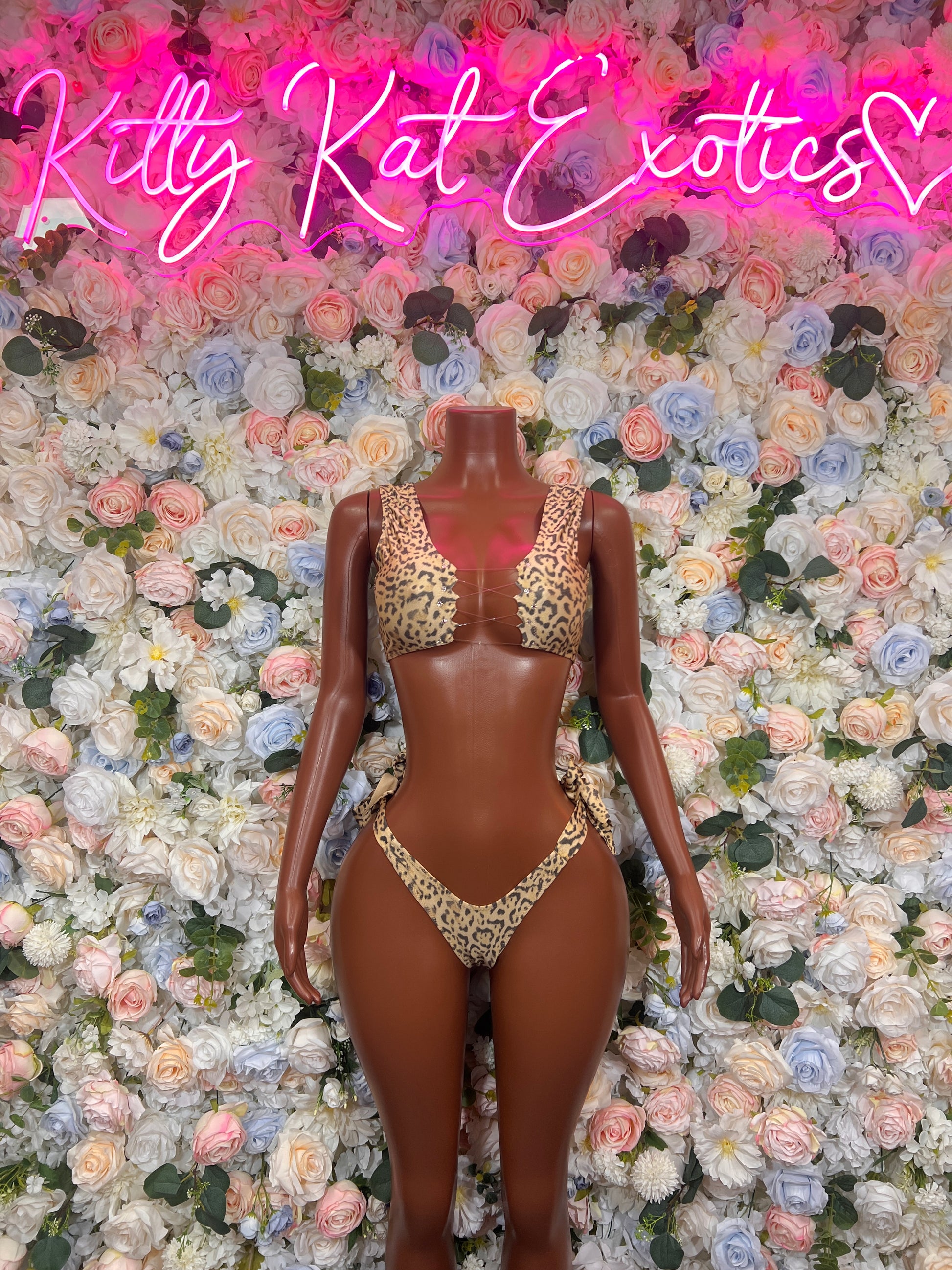 Leopard print two-piece thong set with triangle bra and high-cut matching bottoms