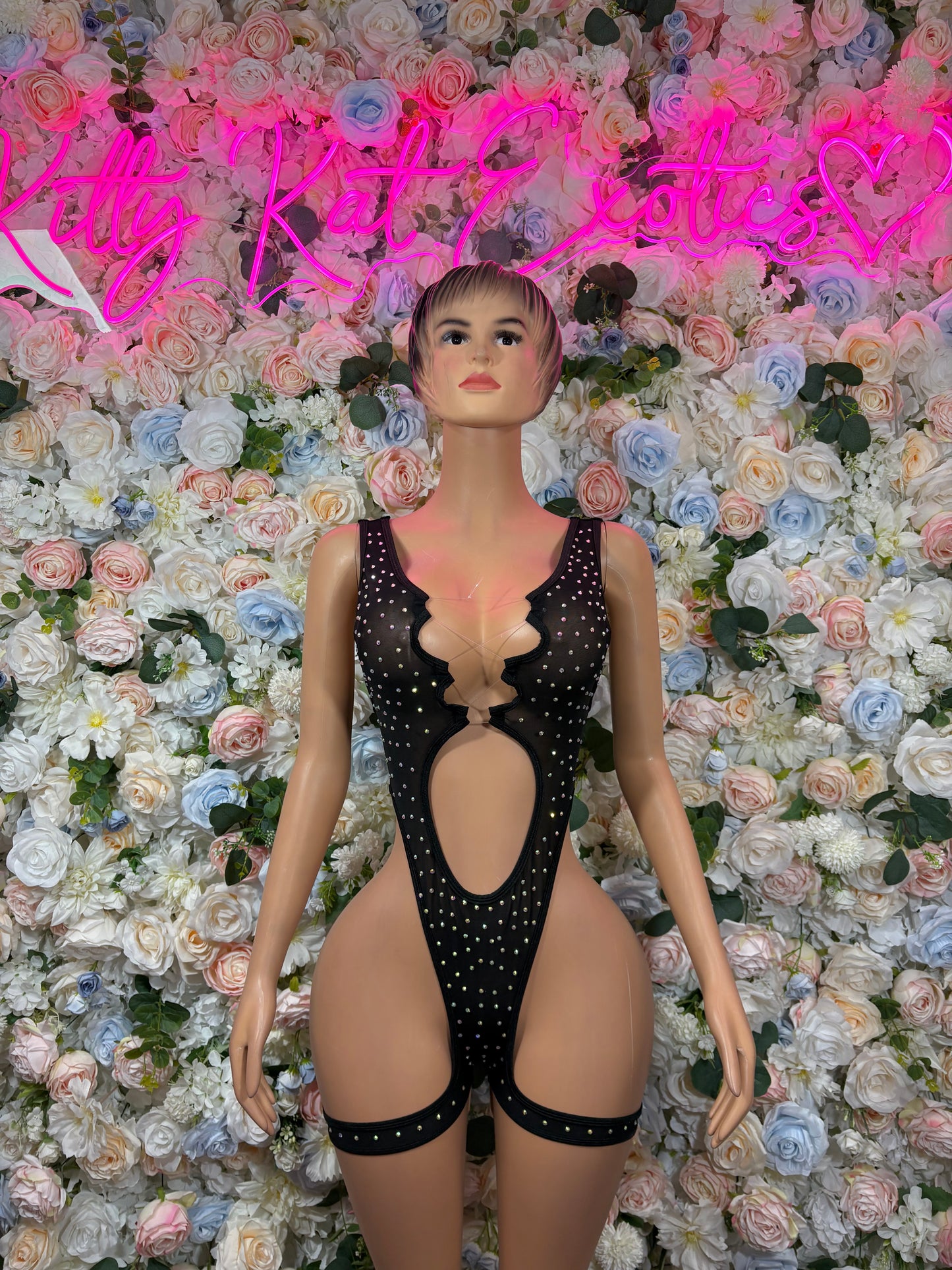 Black rhinestone bodysuit with deep V front and scalloped cutouts