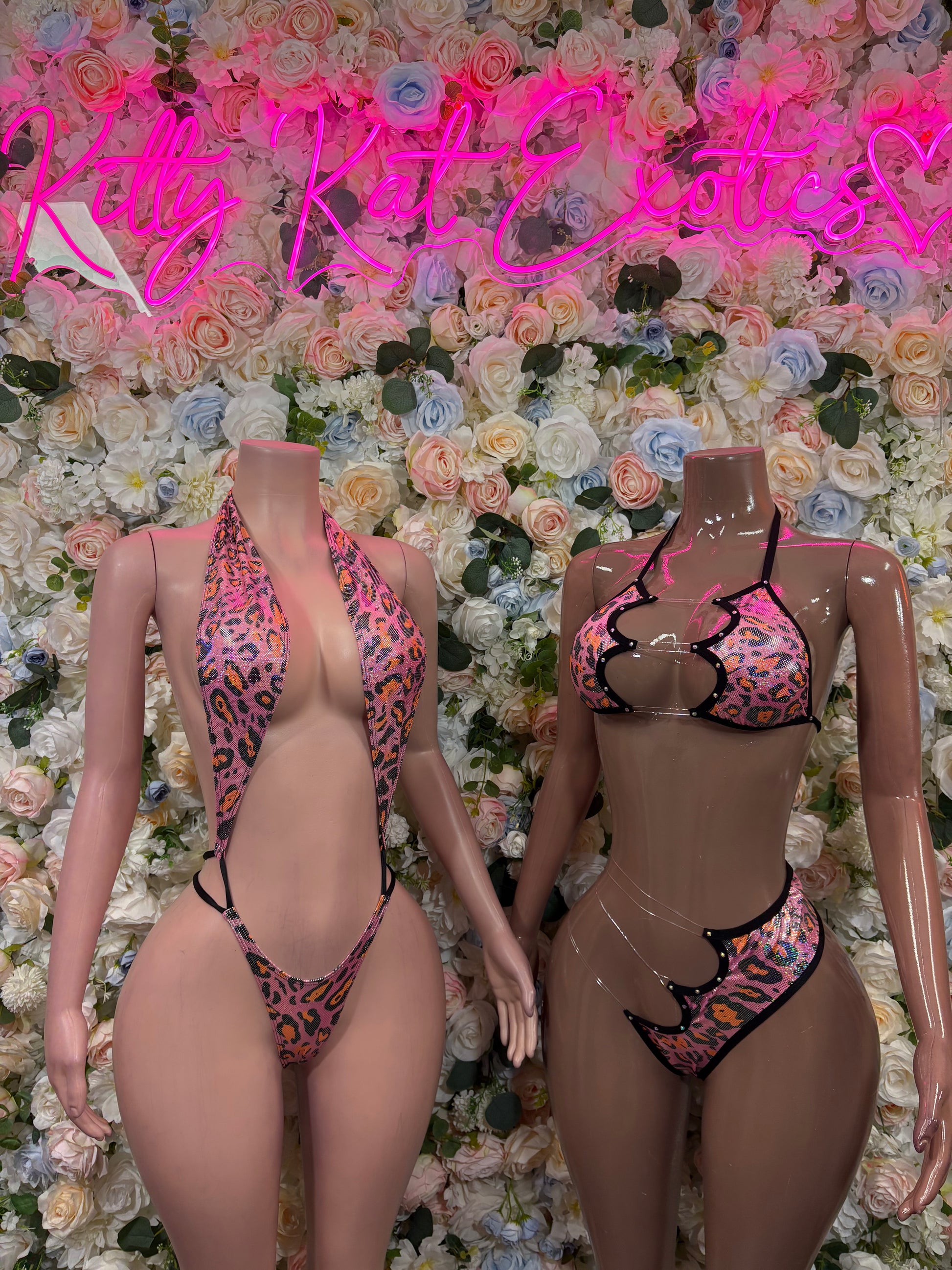 Pink leopard-print lingerie set pair of models, one front one side/back