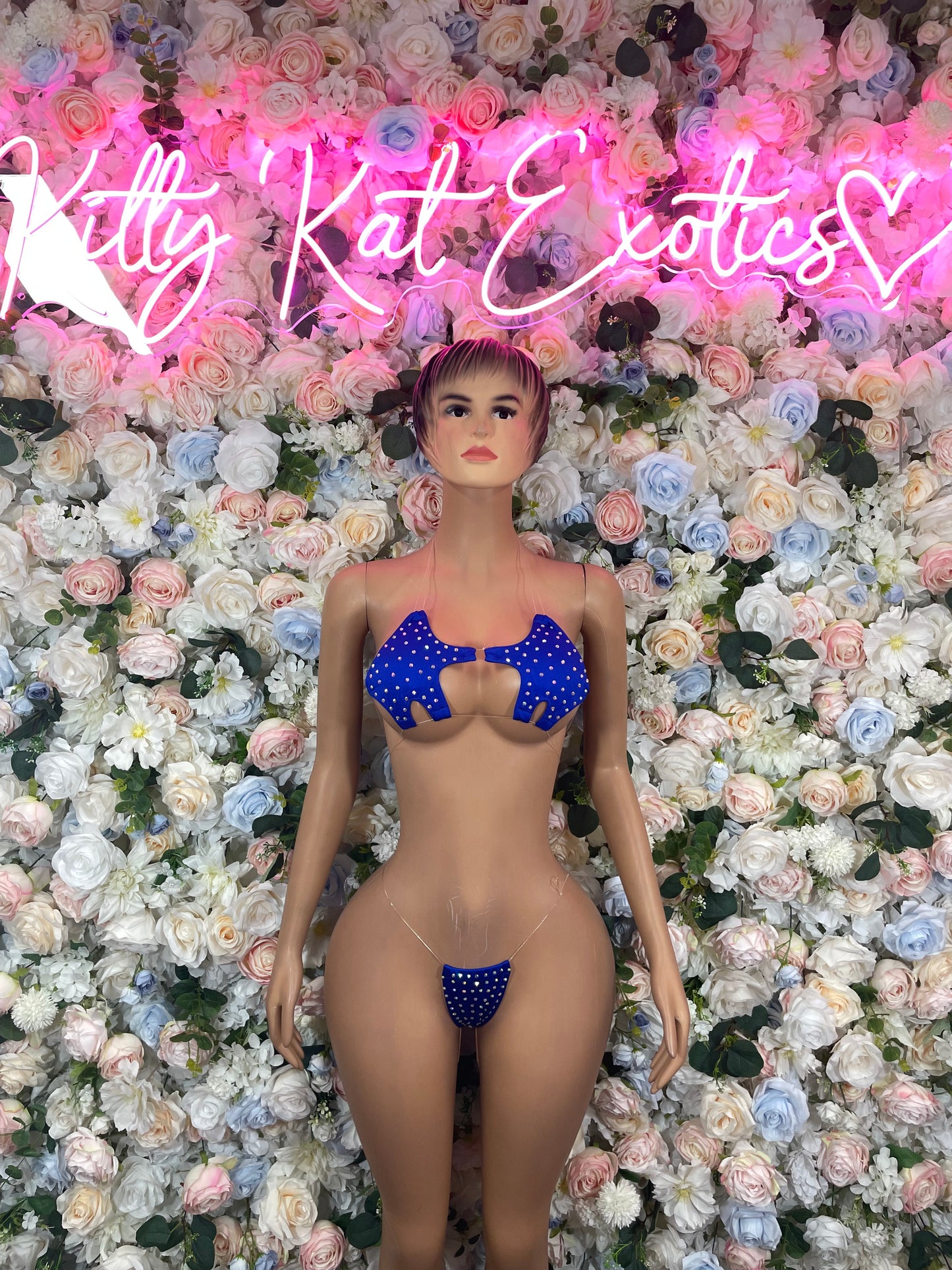 Blue rhinestone bikini set with strapless triangle top and matching thong-style bottoms