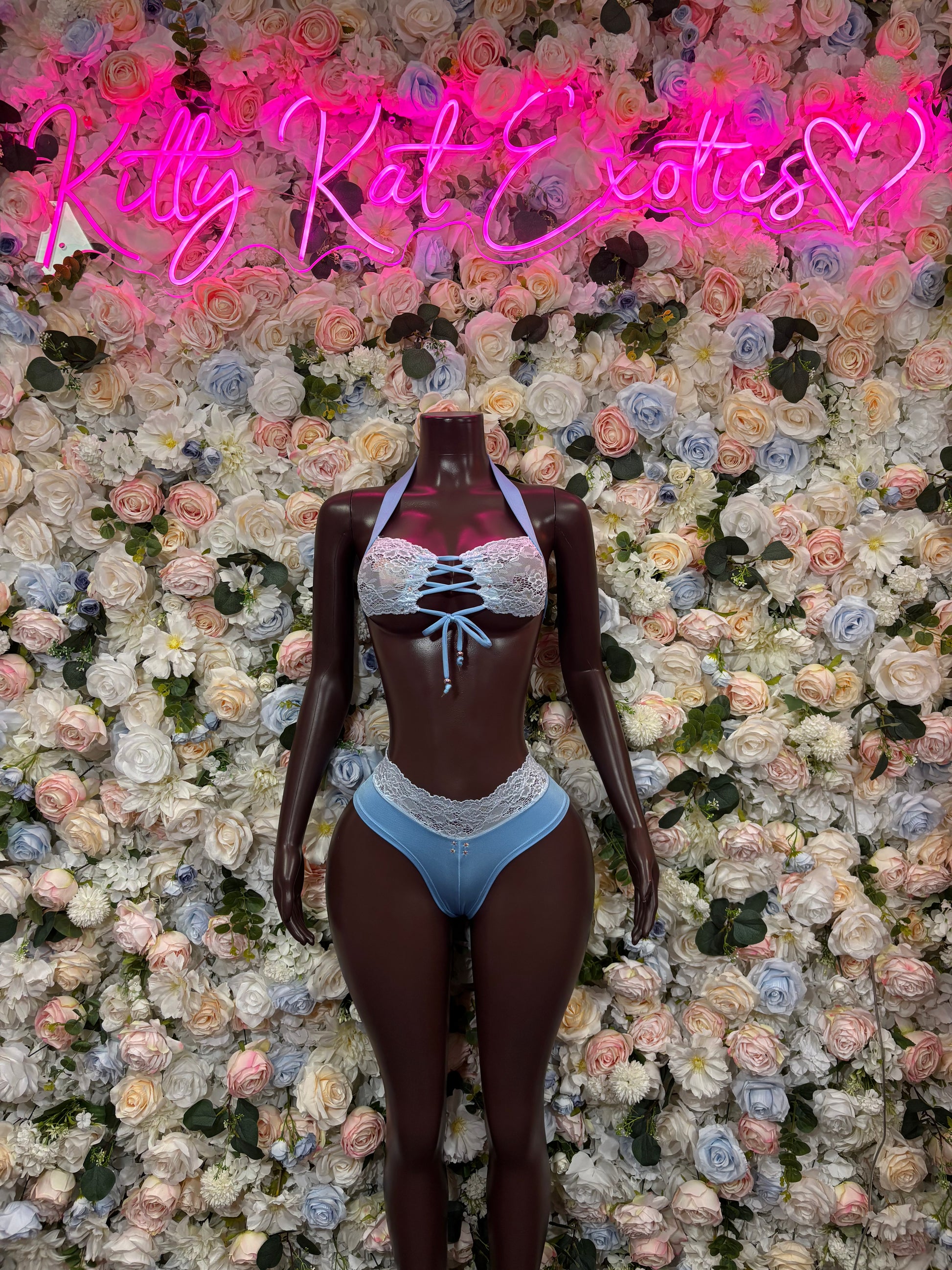 Light blue lace two-piece rave outfit: triangle bra with lace trim