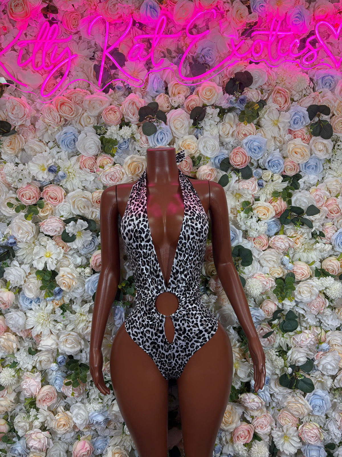 Leopard Print Deep V Halter Keyhole Bodysuit | Plunging One Piece Rave Festival Outfit Exotic Dance Clubwear