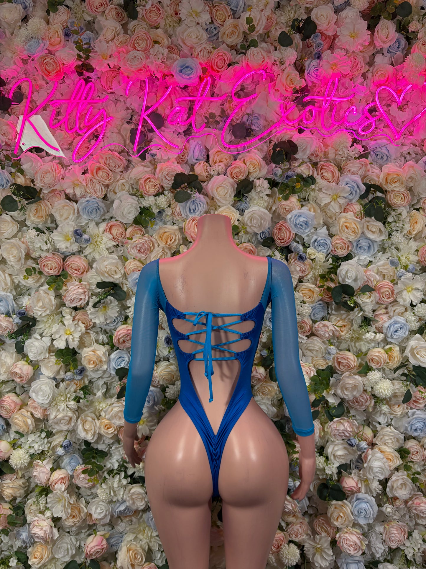 Turquoise metallic backless long-sleeve bodysuit with crisscross lace-up back