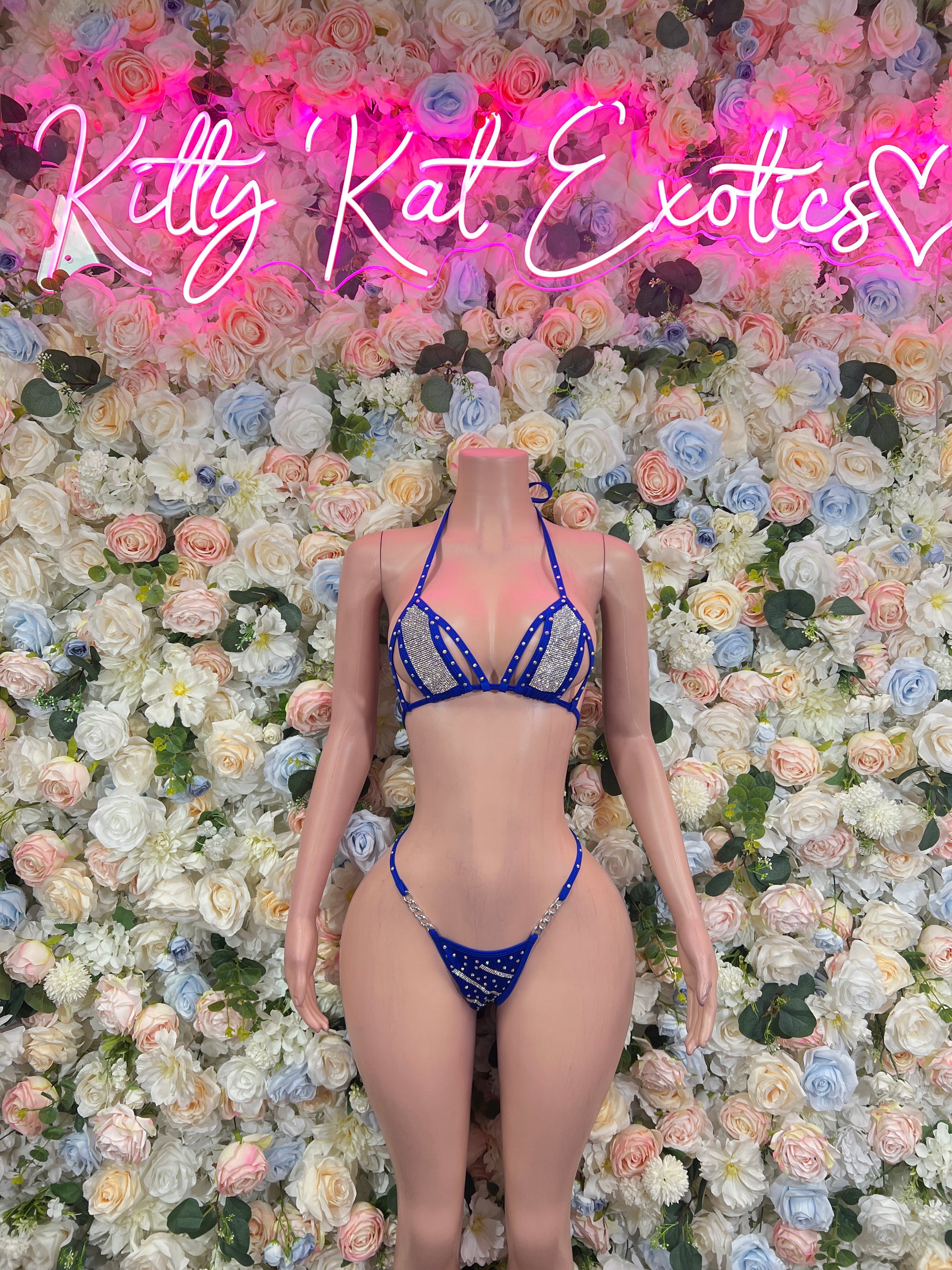 Blue rhinestone triangle bikini set with tie halter top and matching string bottoms