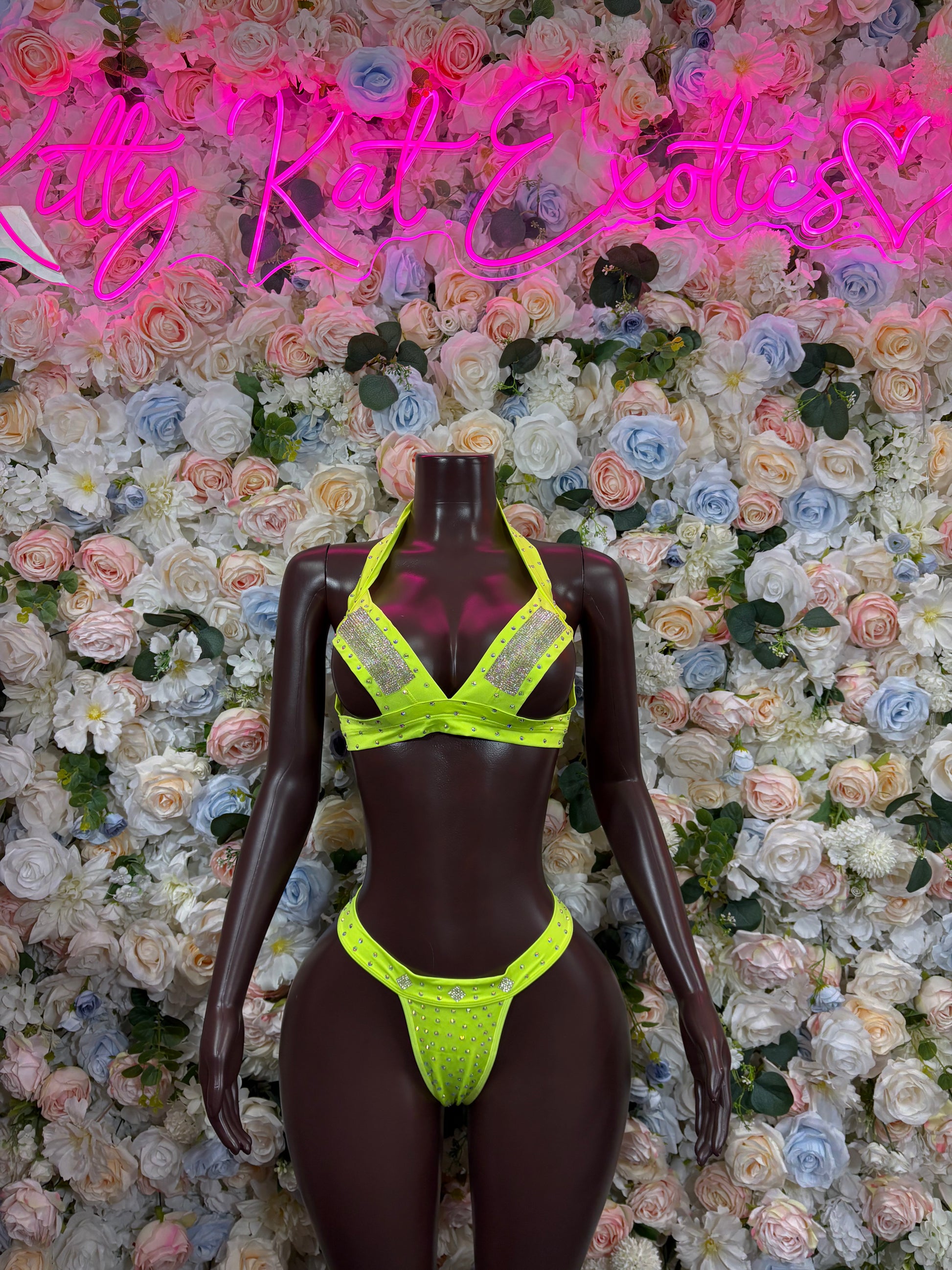 Neon green rhinestone-trim bikini set: V-neck triangle top and thong bottoms