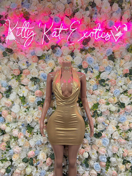 Gold metallic sleeveless bodycon dress with cowl neckline and ruched waist