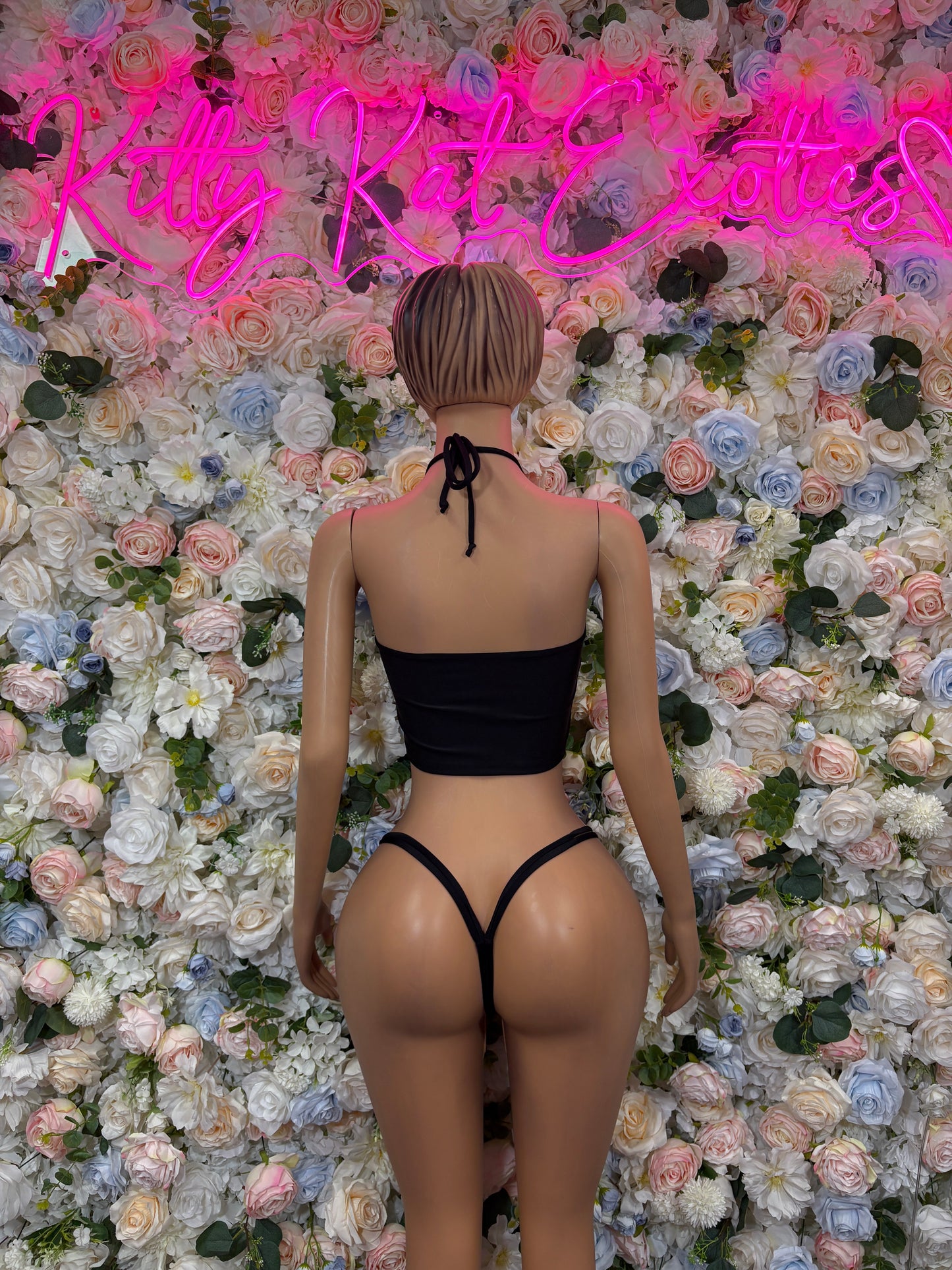 Black strappy backless crop top and bikini bottoms set with thin straps