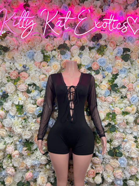 Black long-sleeve lace-up bodysuit with deep V neckline and sheer sleeves
