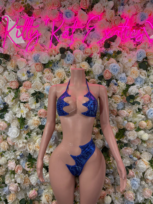 Ravewear Blue Snake Print Two Piece Cut Off Festival Outfit Bottlegirl Bartender Bottlegirl Clubwear