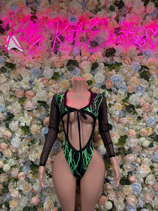 Bottlegirl One-Piece Bodysuit Green Non Mettalic  Lightening - Custom Design | Exotic Dancewear for Performers, Raves, & Nights Out