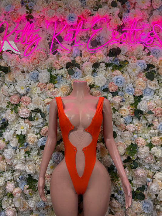 Orange one-piece bodysuit with V neckline and heart cutout front