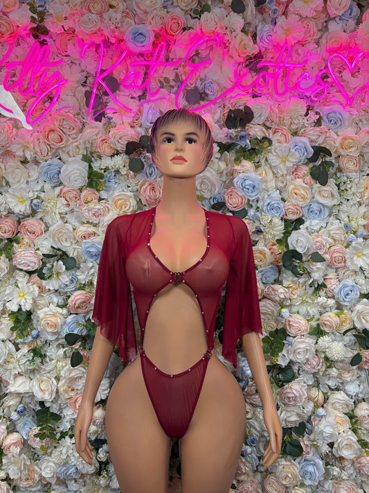 Burgundy bodysuit with V-neck and cutout front, long sheer sleeves