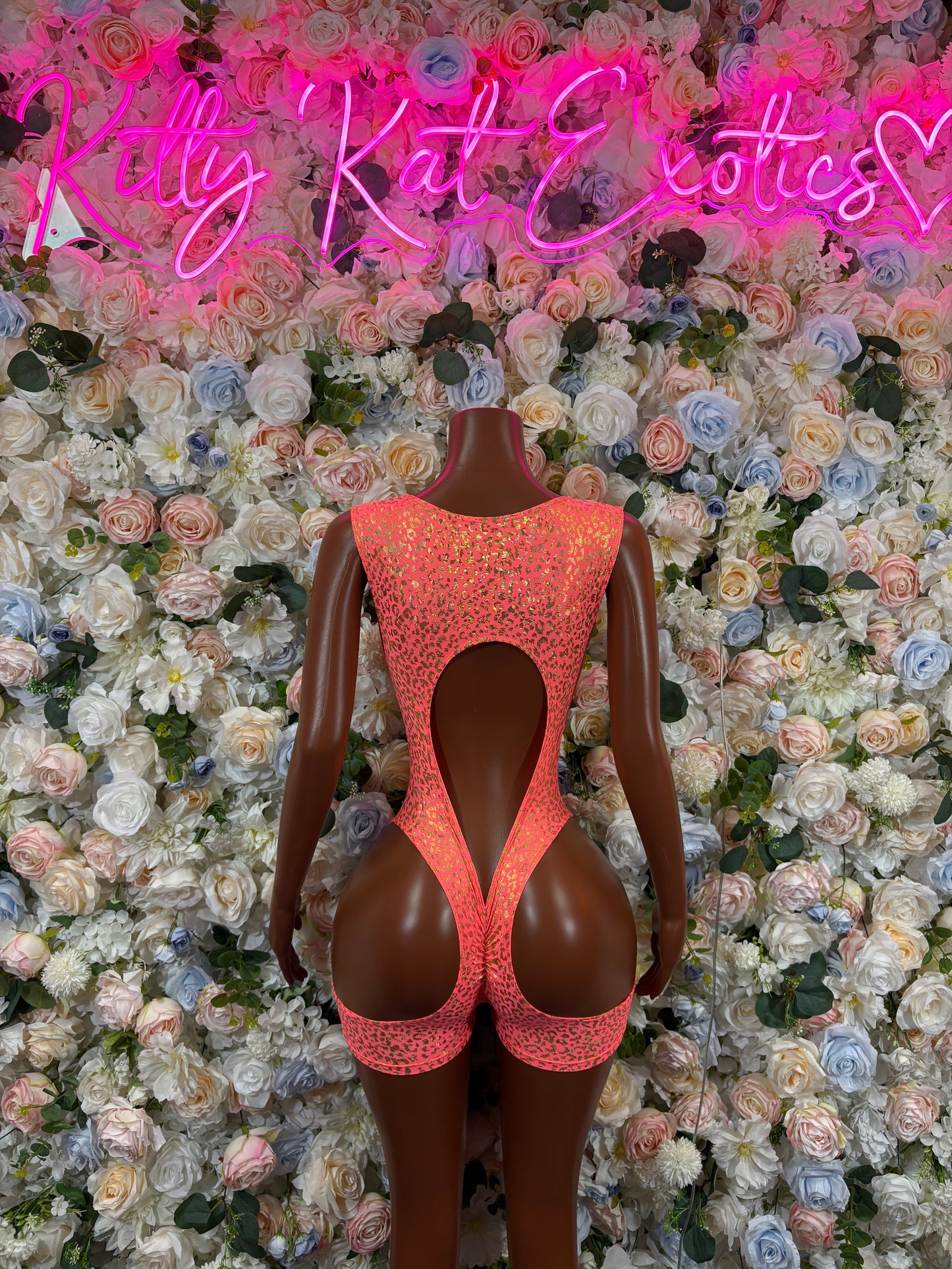 Bottlegirl Bodysuit One-Piece Coral Cheetah Print Bodysuit - Hologram Design | Exotic Dancewear for Performers, Raves