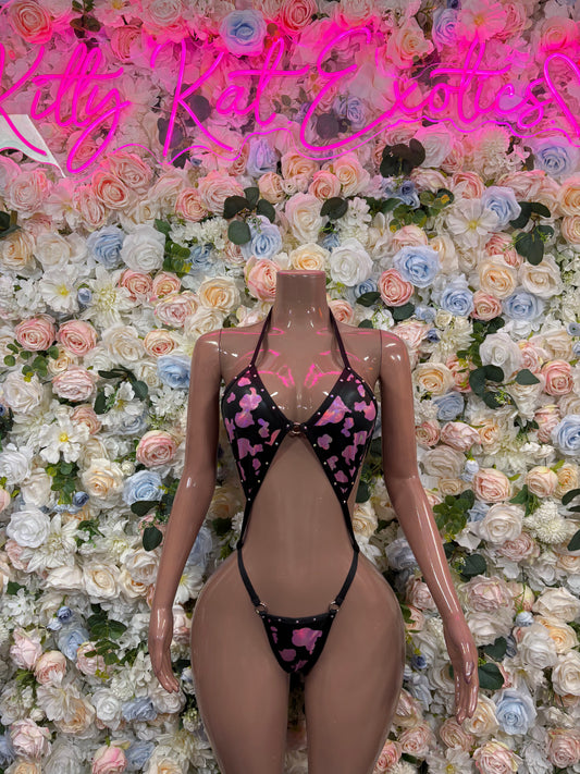 Bottlegirl cow-print hologram bikini set, pink/black, front triangle bra and high-cut bottom