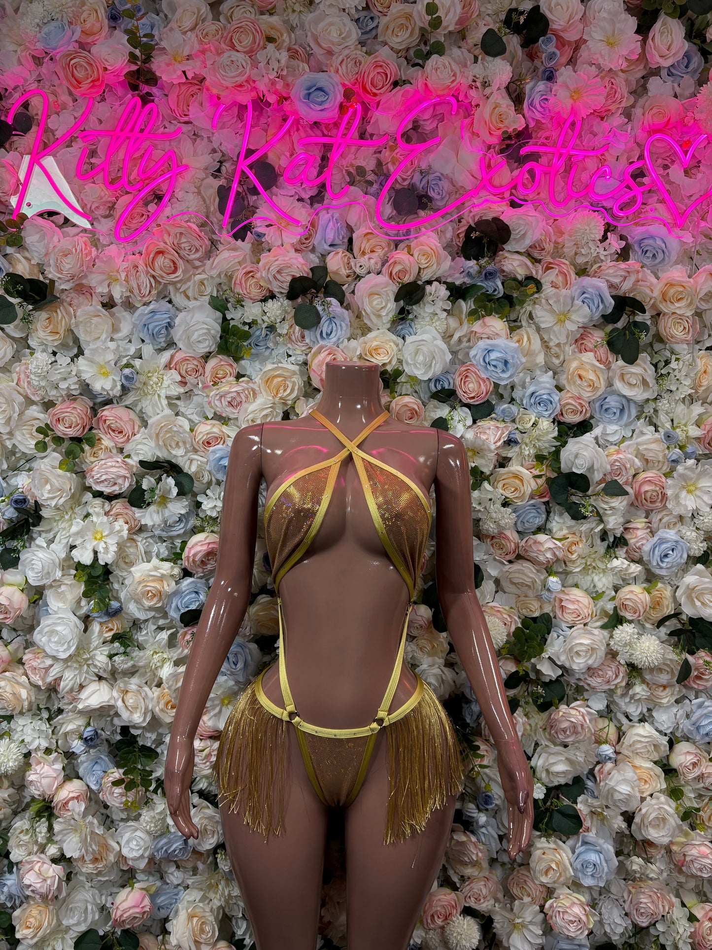 Gold fringe bodysuit with crisscross straps and tassel hem, one-piece outfit