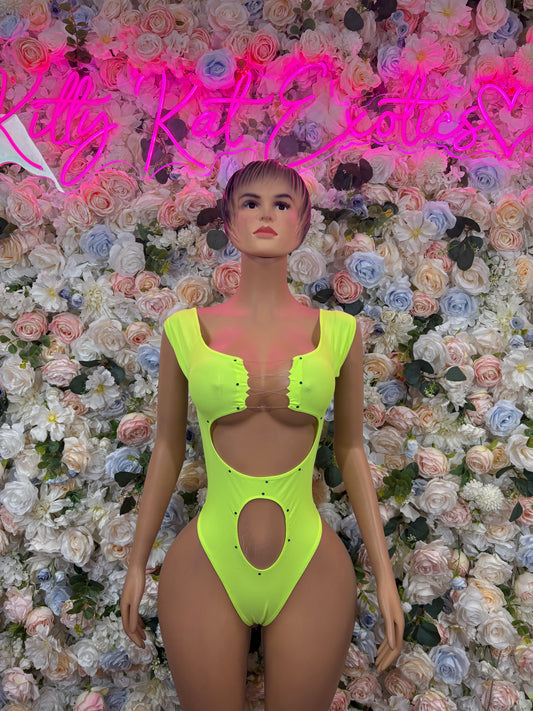Neon green one-piece dance bodysuit with square neck and keyhole cutout