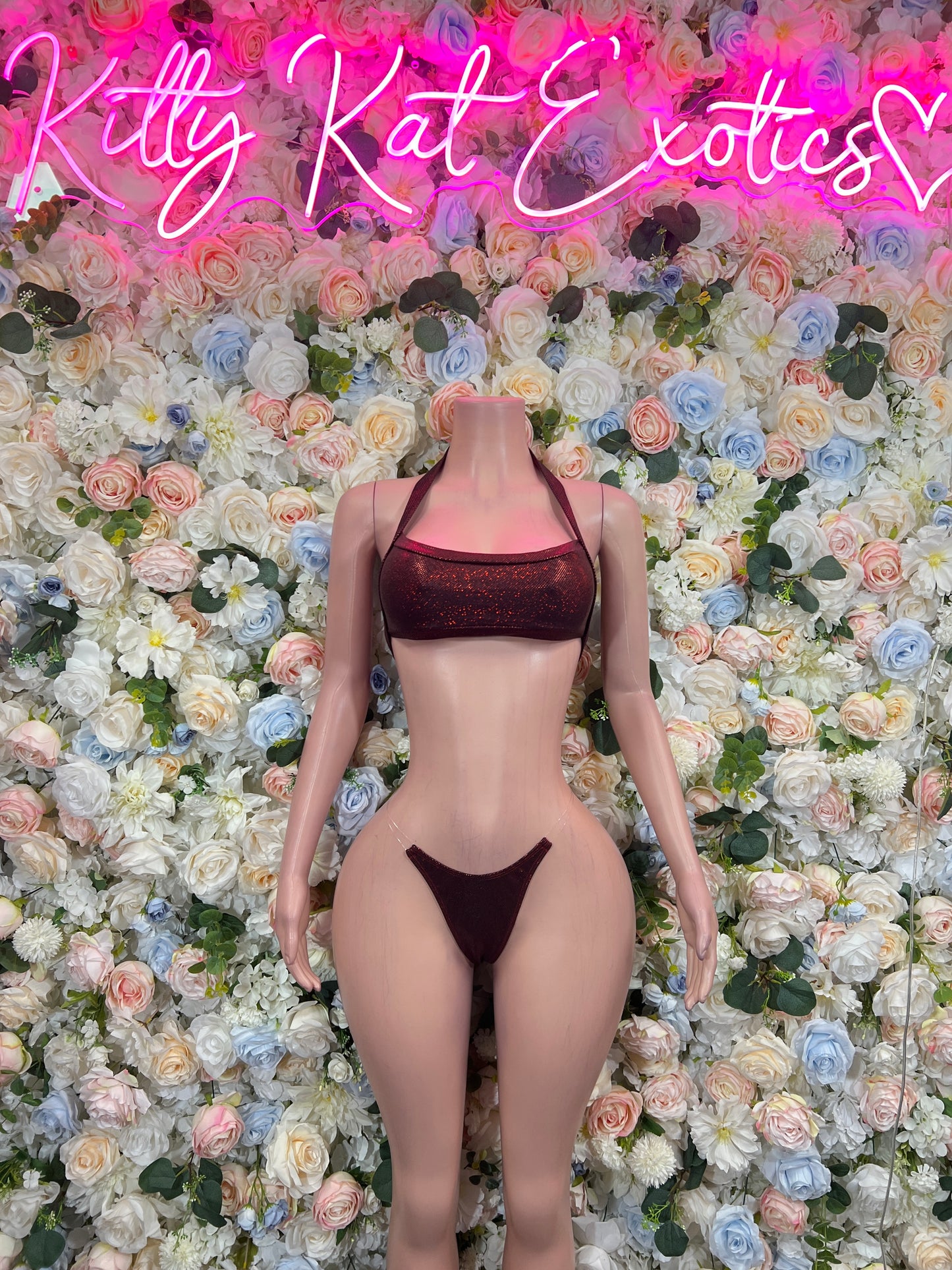Burgundy bikini set front view with lace triangle crop top and high-cut matching bottoms