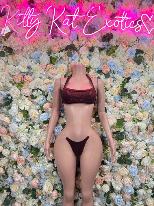 Burgundy bikini set front view with lace triangle crop top and high-cut matching bottoms