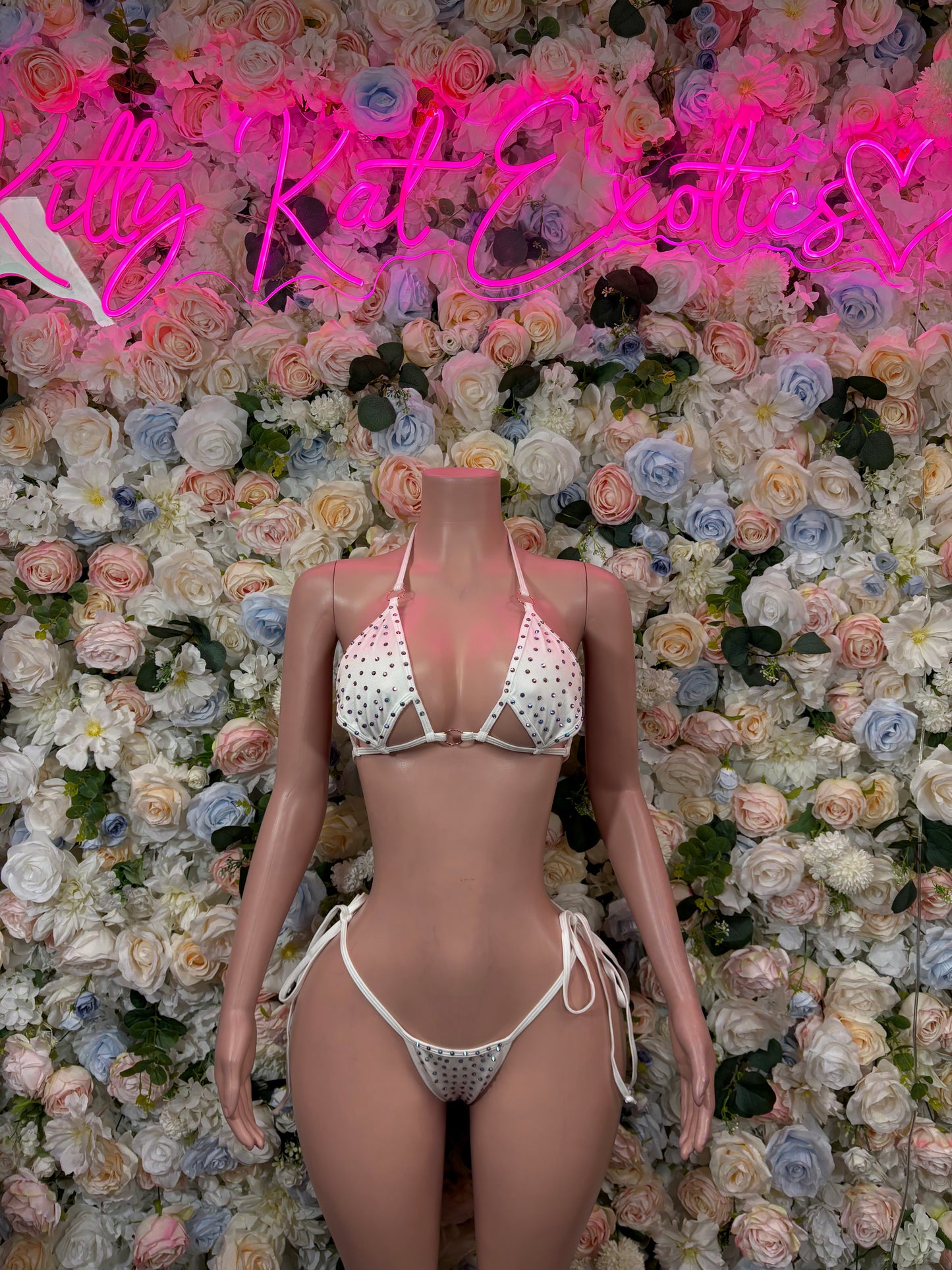 White rhinestone triangle bikini set with tie-side briefs and matching halter top