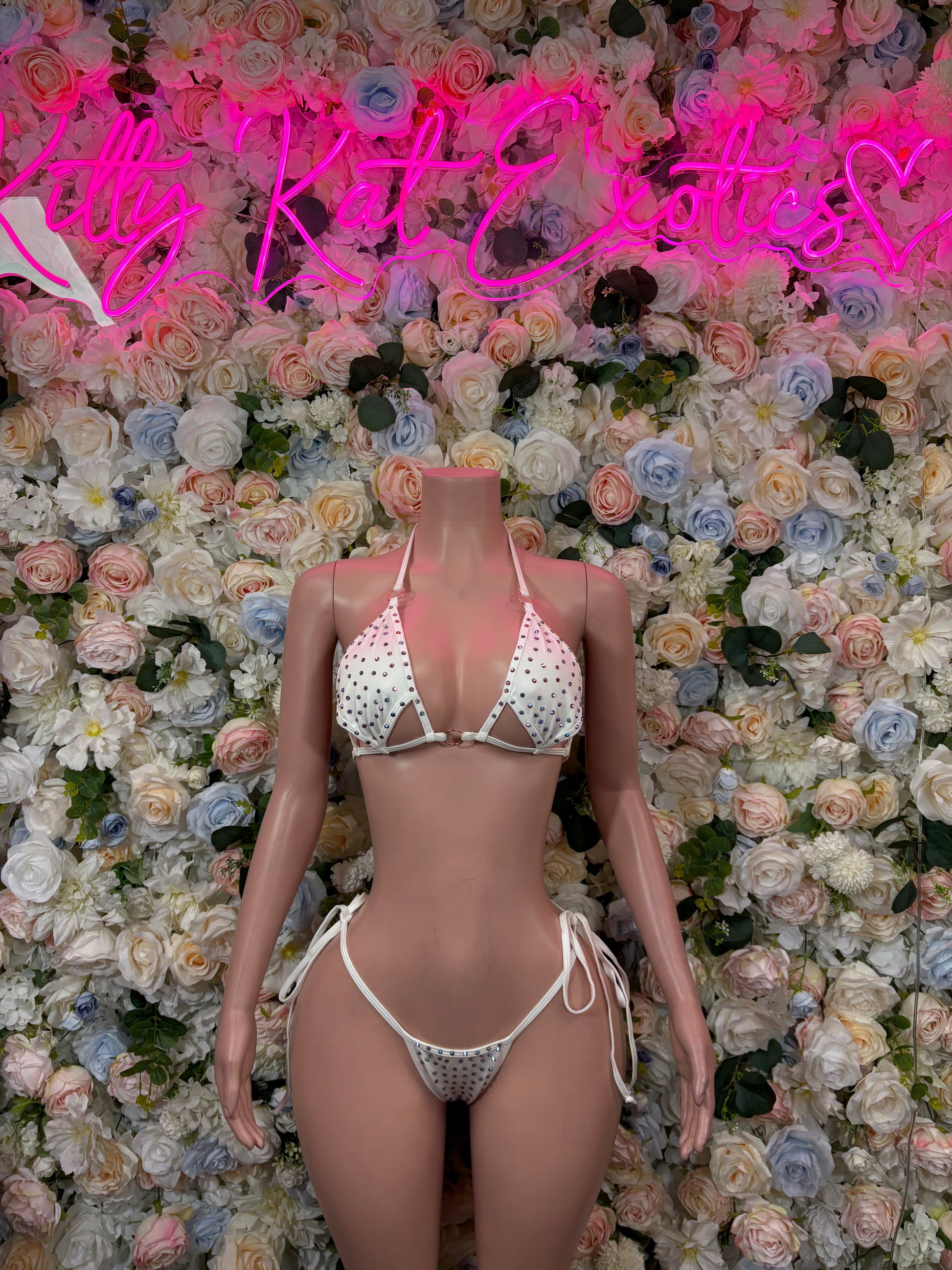White rhinestone triangle bikini set with tie-side briefs and matching halter top