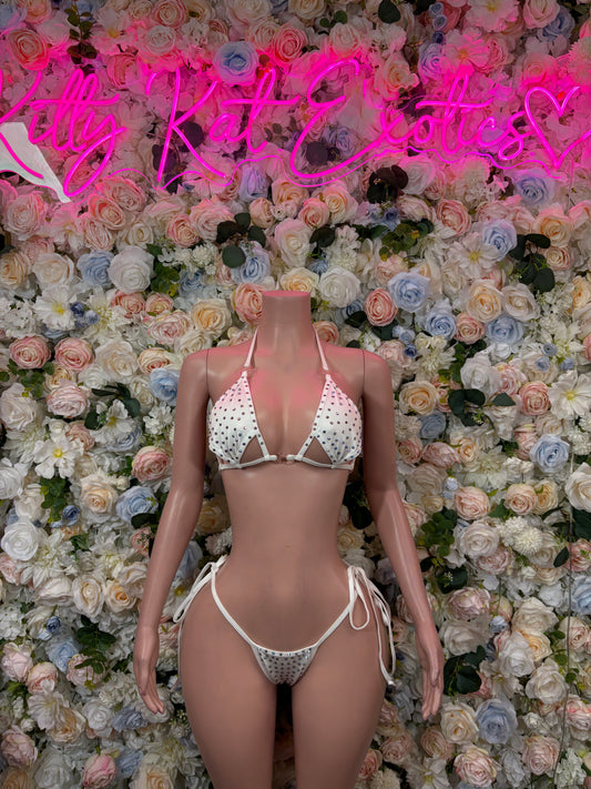 Rhinestone Bikini Set White Two Piece Exotic Dancewear Festival Outfit Rave Wear Stripper Costume Pole Dance Lingerie