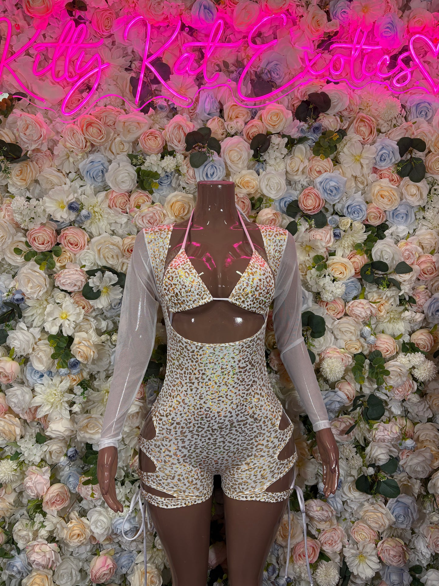 Bottlegirl White Gold Cheetah Bodysuit Exotic Dancewear, Rave & Festival Outfit