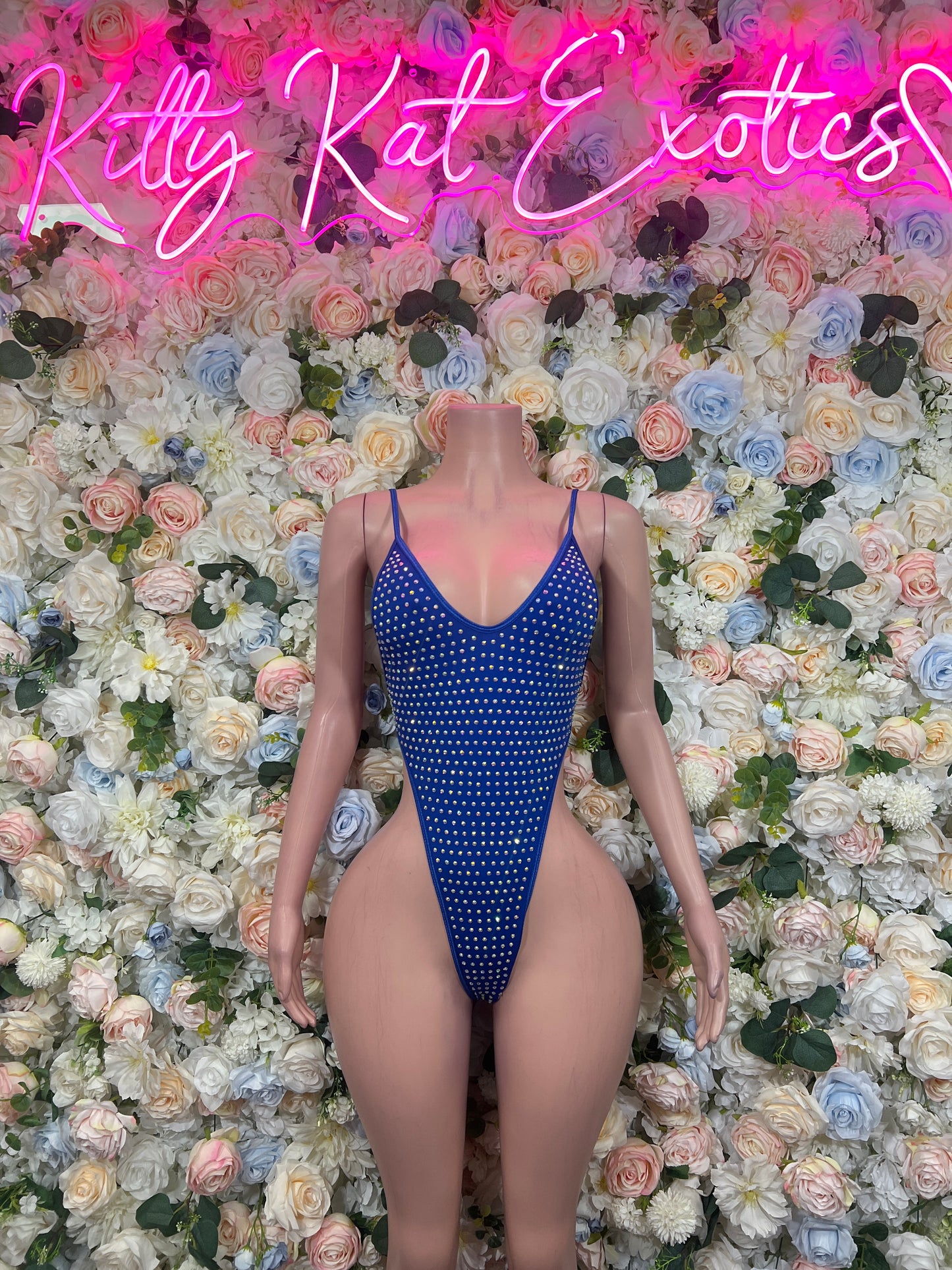 Royal blue rhinestone one-piece bodysuit with thin spaghetti straps