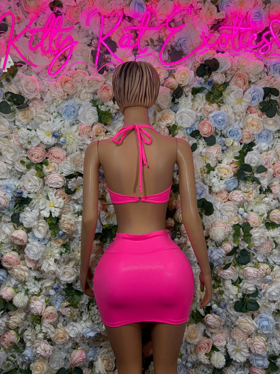 Hot pink o-ring halter backless top with tie straps and mini skirt two-piece set