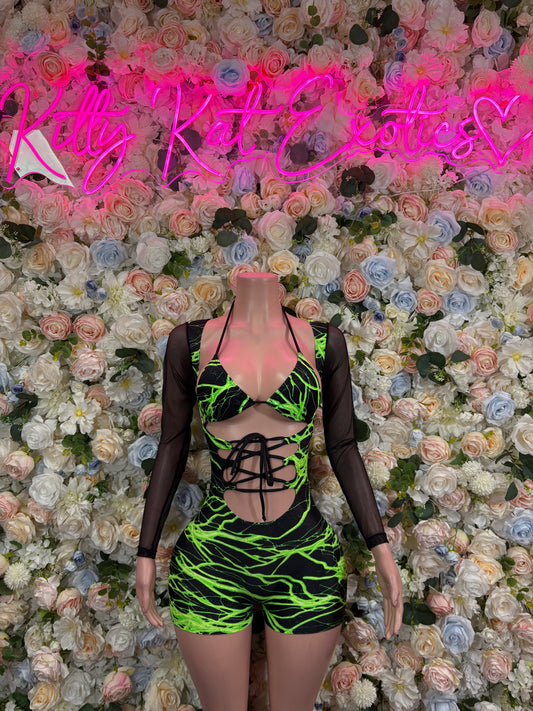Bottlegirl One-Piece Bodysuit Green and Yellow  Lightening - Custom Design | Exotic Dancewear for Performers, Raves, & Nights Out